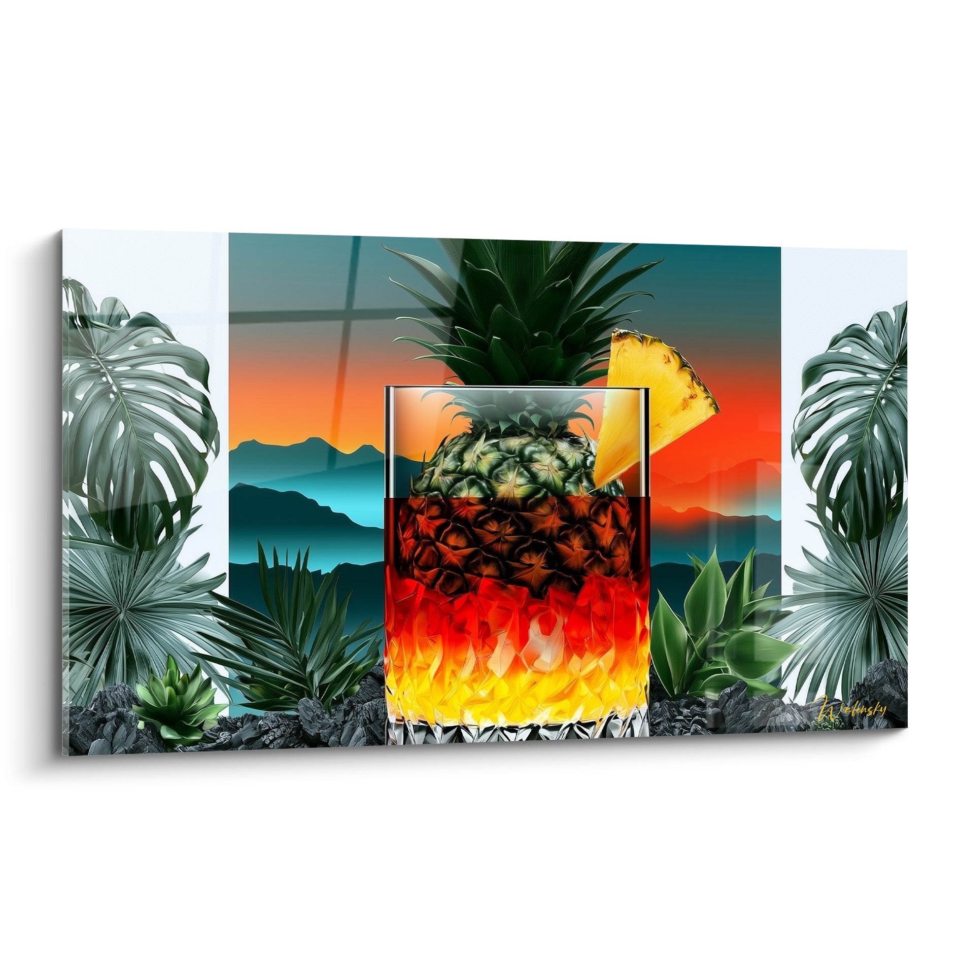 Verre cocktail ambré et rouge orné d'ananas, feuilles tropicales vertes et fond bleu corail dégradé