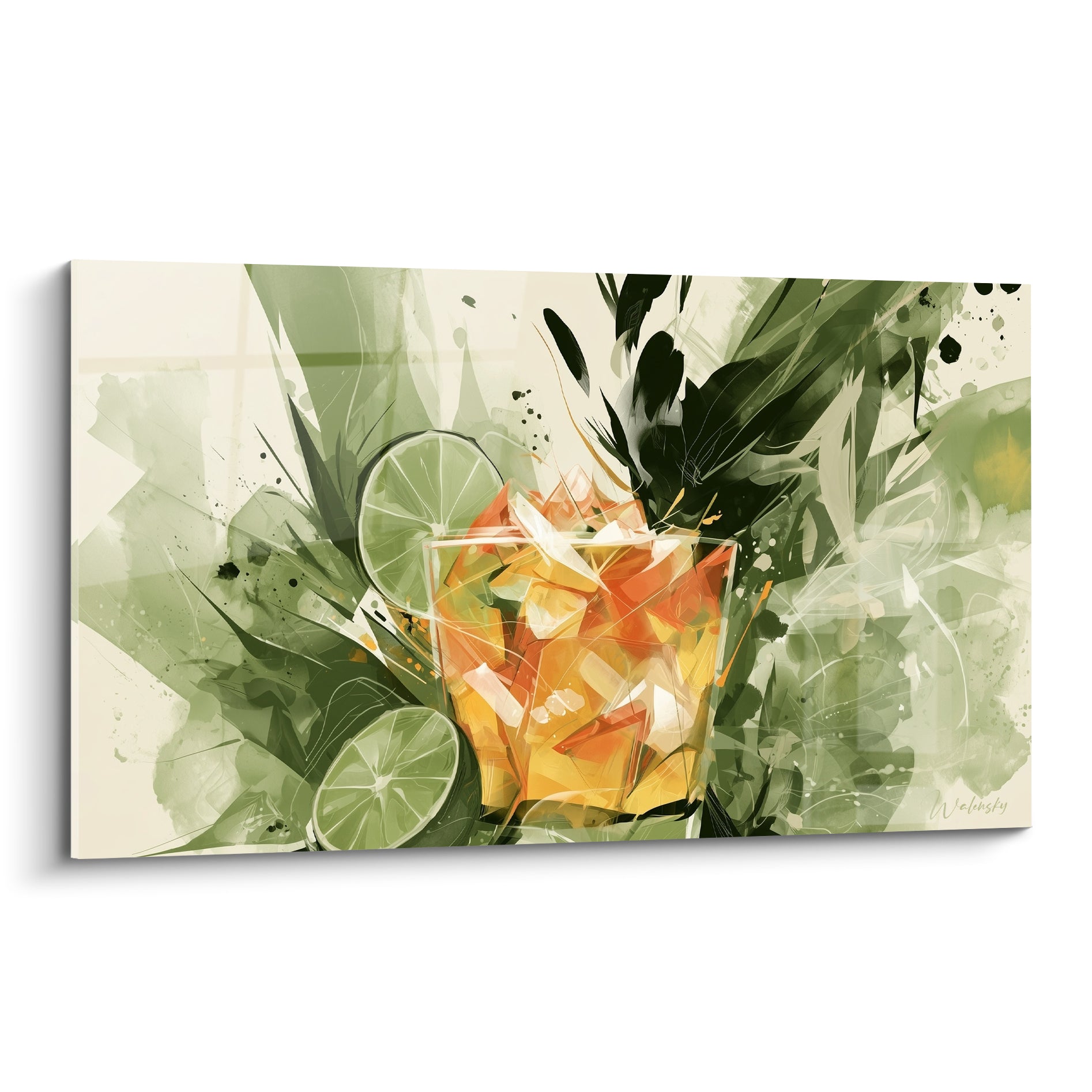 Verre ambré et rondelles vert citron composent ce tableau cocktail sur fond feuillage sauge