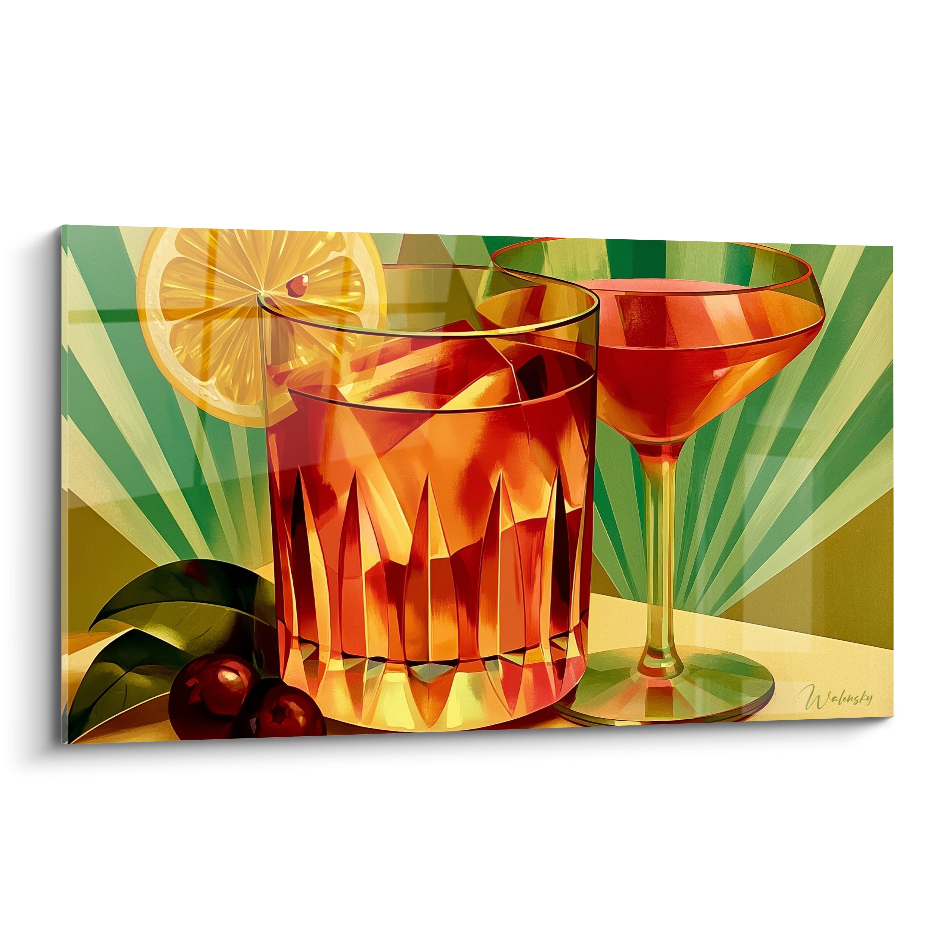 Verre à whisky ambré et coupe rouge sur fond vert en rayons pour tableau Cocktail rétro