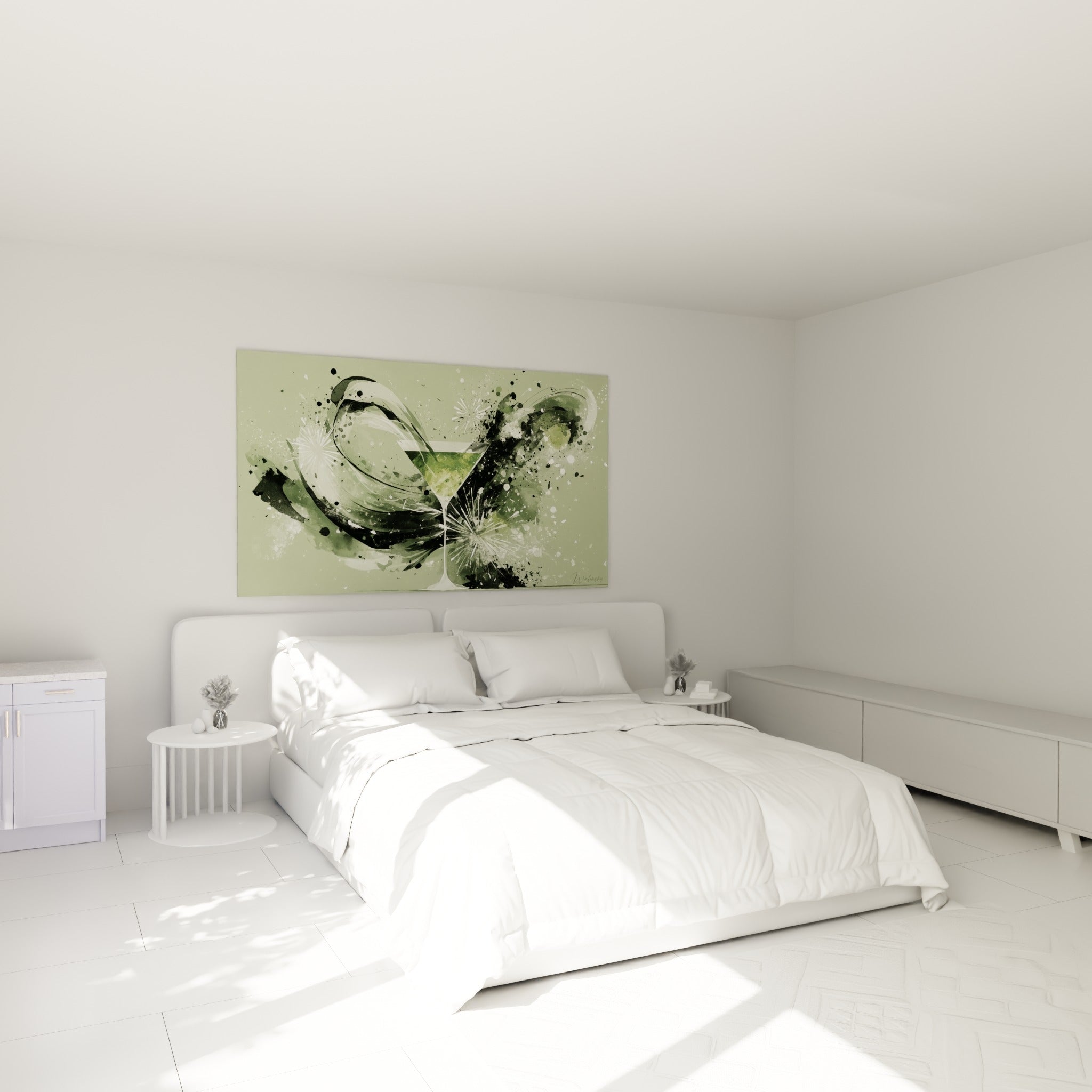 Cocktail vert olive éclaboussé d'encre noire accroché au-dessus d'un lit dans une chambre claire