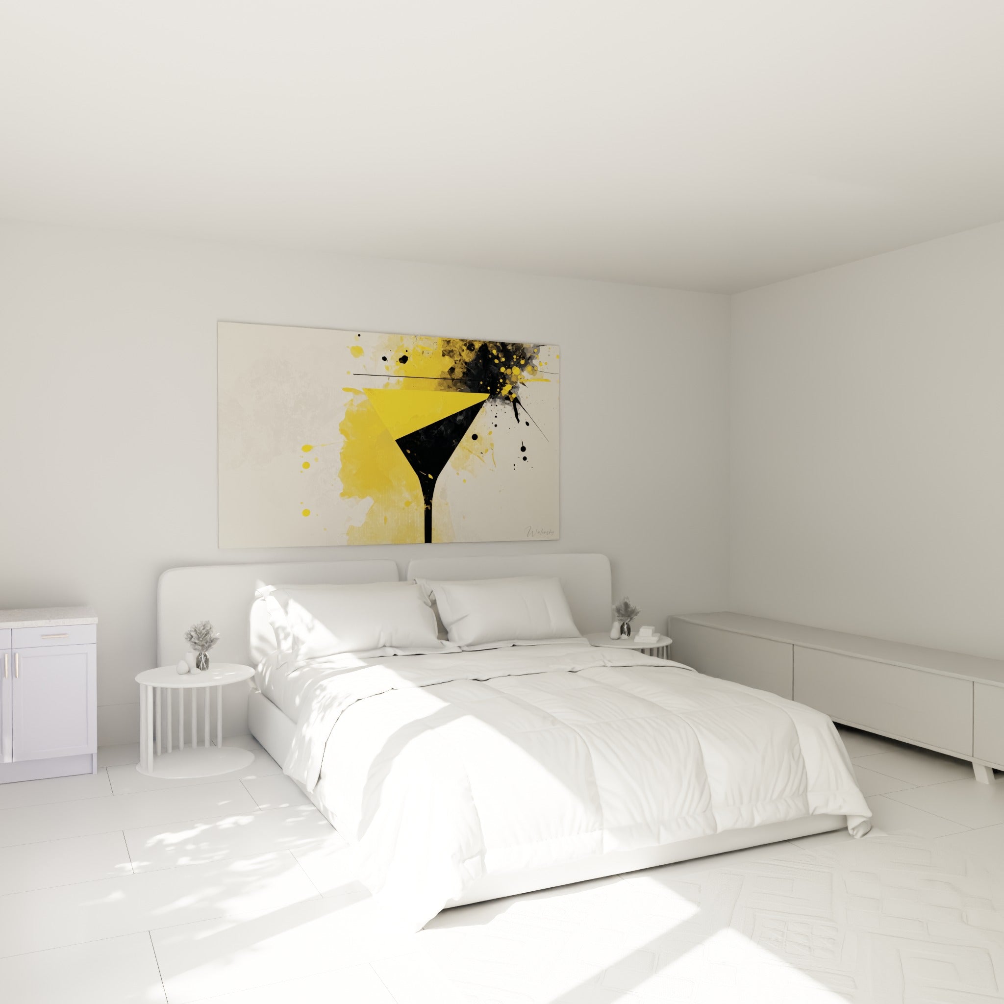 Martini stylisé jaune et noir aux éclats d'encre, accroché au-dessus d'un lit dans une chambre claire