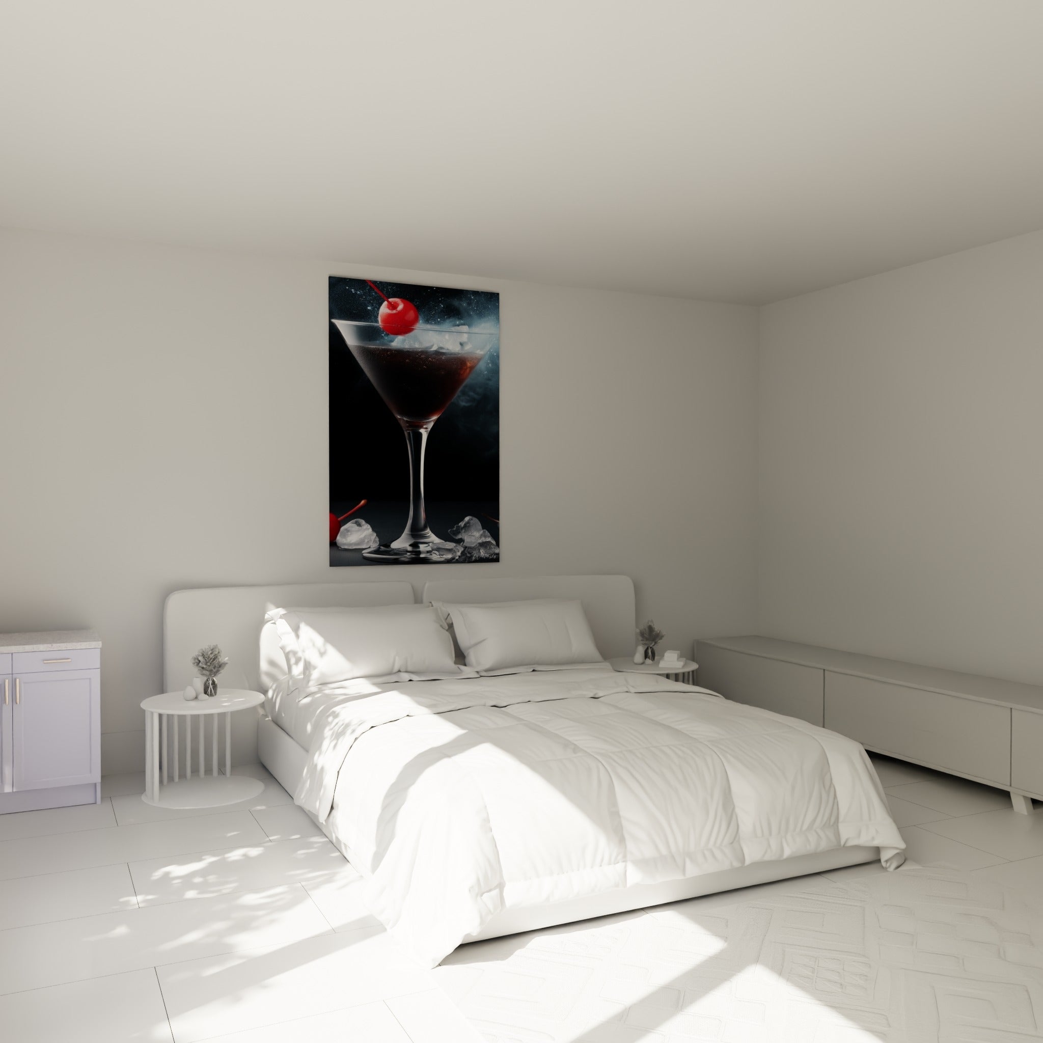 Cocktail rouge et brun avec cerise écarlate au-dessus d'un lit dans une chambre claire