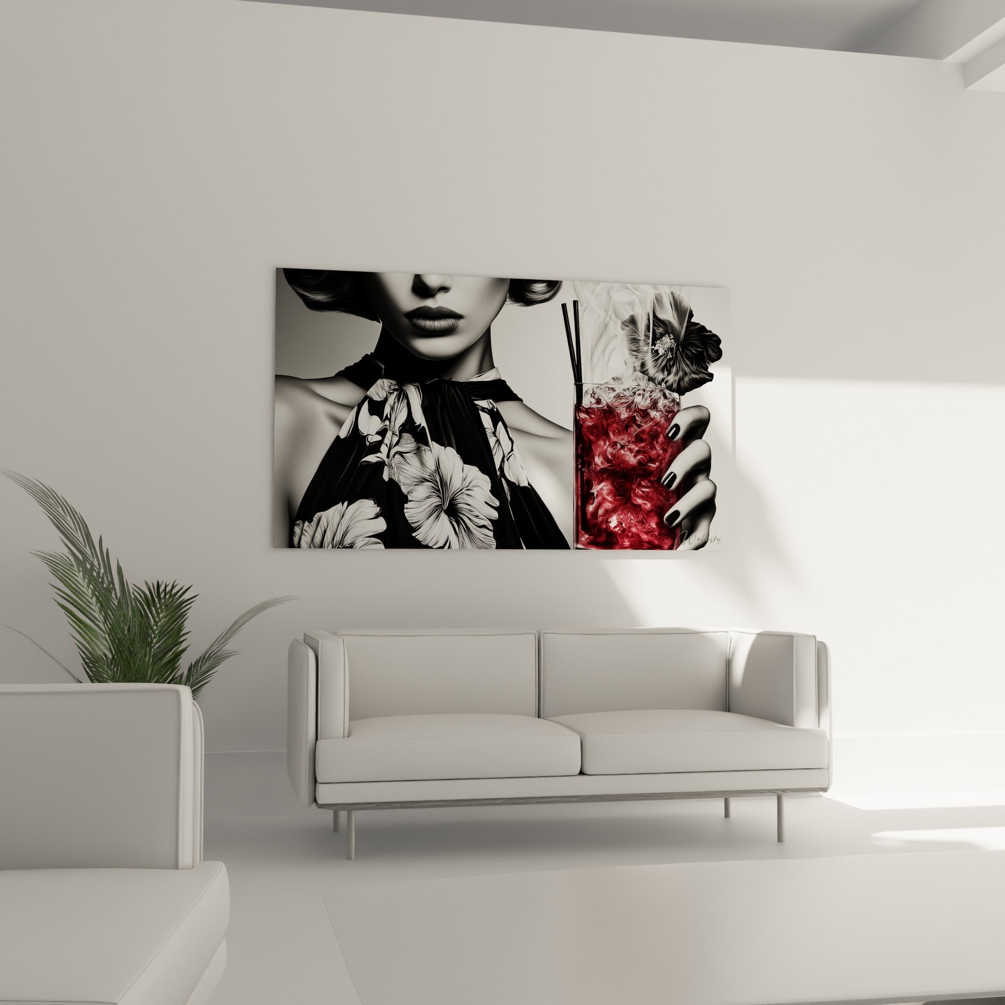 Portrait monochrome et cocktail glacé rouge grenat au-dessus d'un canapé dans un salon lumineux