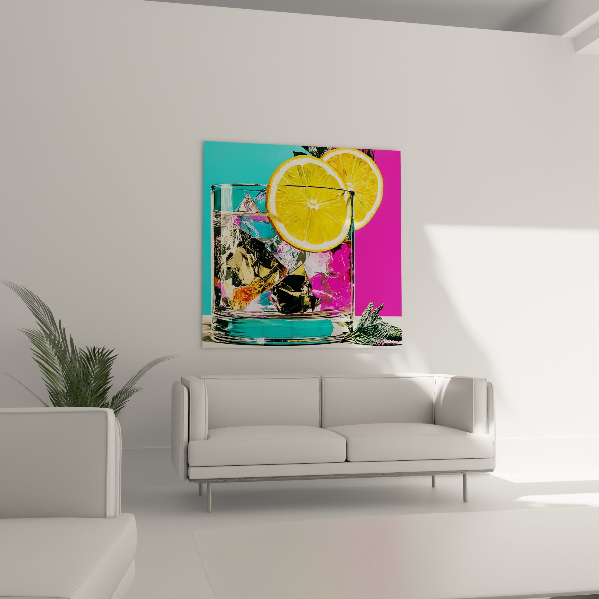 Glaçons roses et dorés dans un verre à cocktail sur fond fuchsia, placé au-dessus d'un canapé dans un salon lumineux