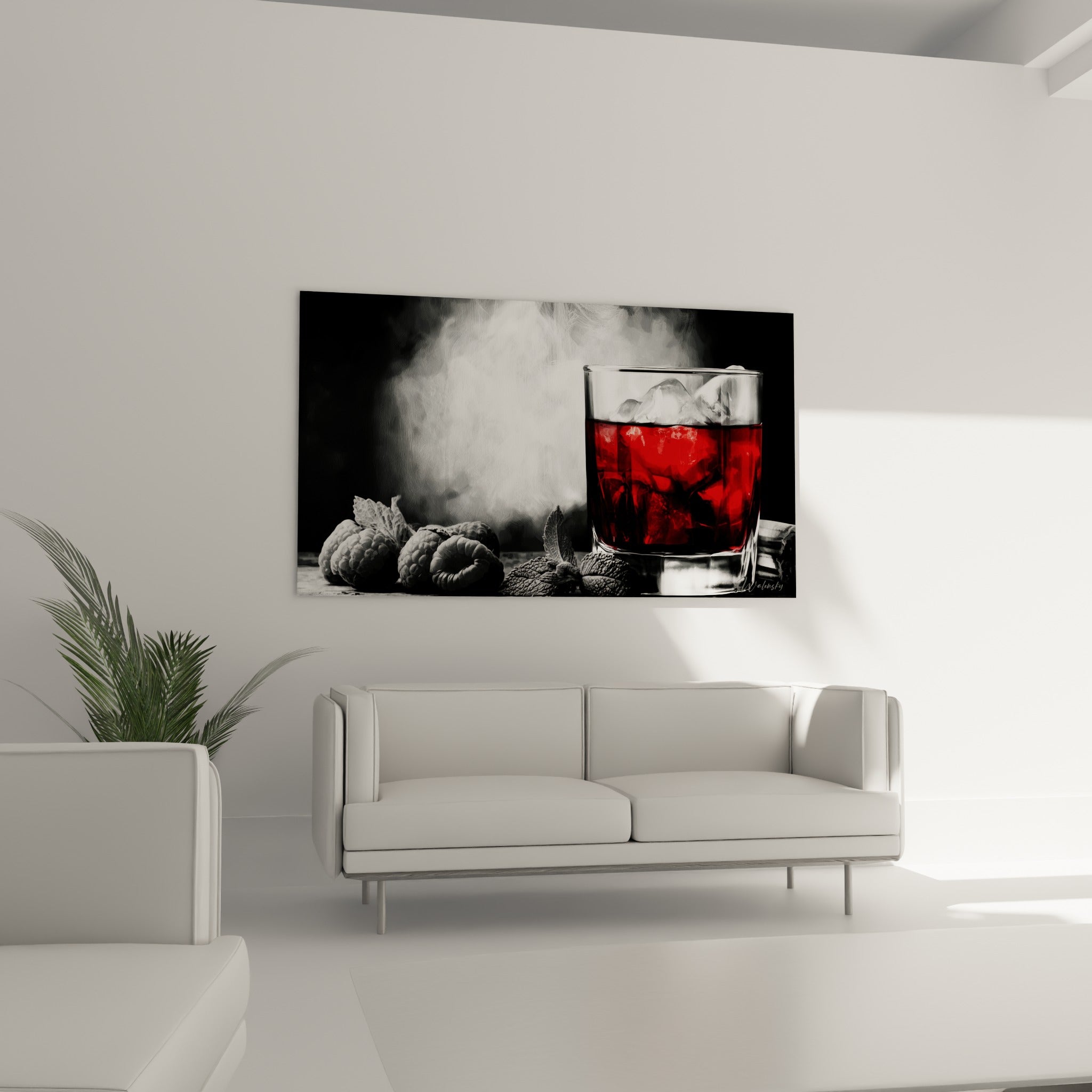 Framboises noir et blanc entourant un verre rouge éclatant, œuvre au-dessus d'un canapé dans un salon lumineux