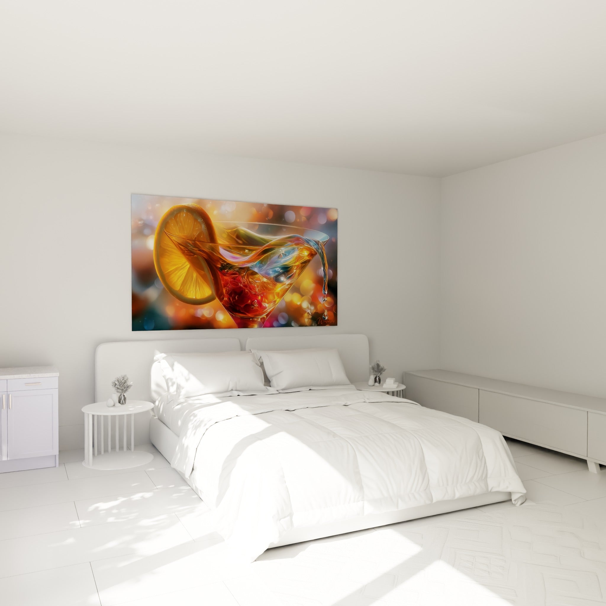 Cocktail rouge grenat et bleu ambré au-dessus d'un lit dans une chambre claire