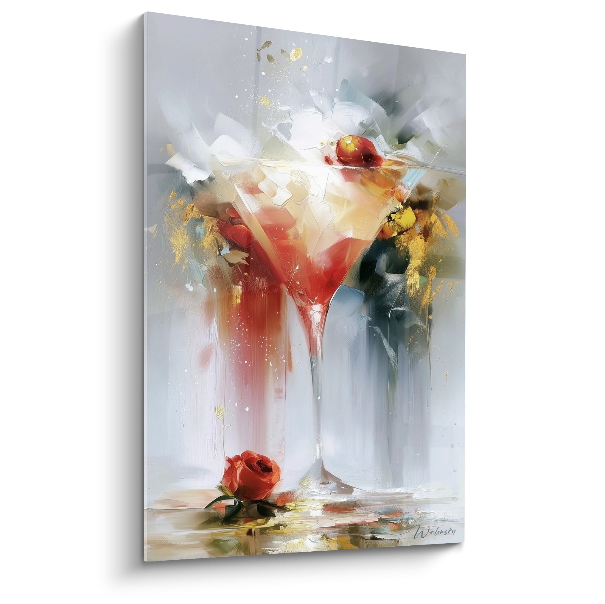Verre à martini rouge et doré peint avec roses, fond gris perle et touches anthracite