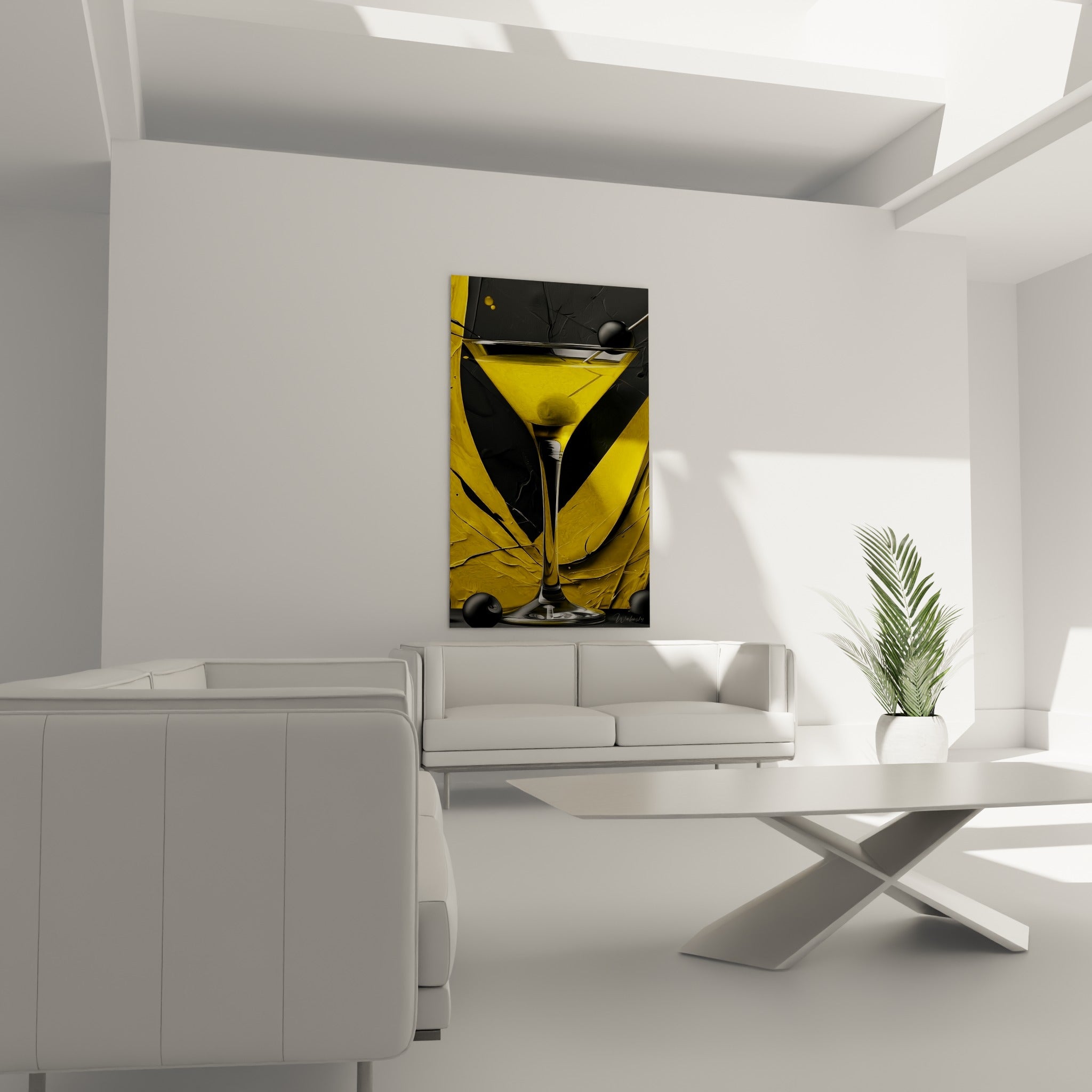 Martini jaune et noir accroché au-dessus d'un canapé dans un salon lumineux