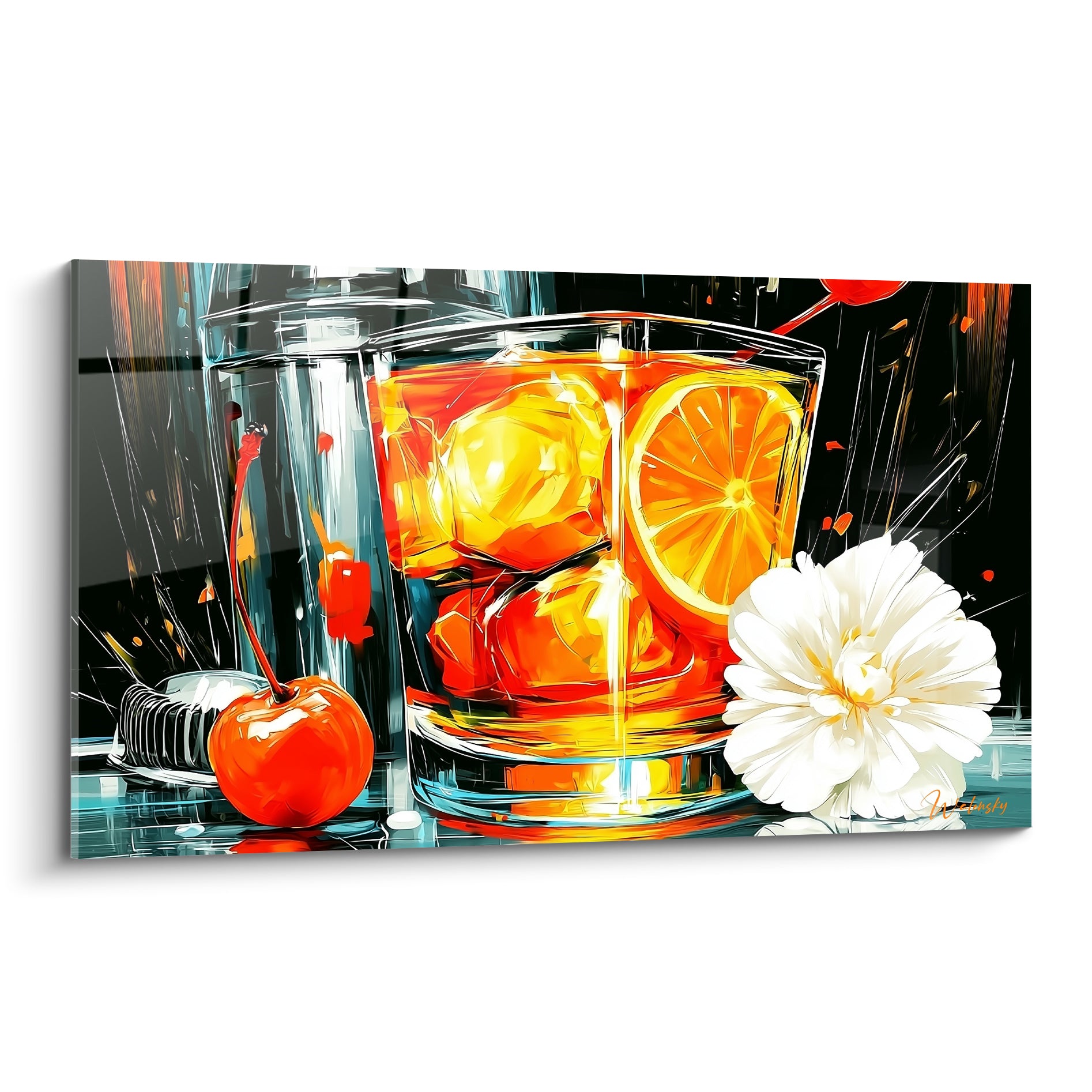 Verre à cocktail orangé garni d'agrumes et cerise rouge sur fond noir intense