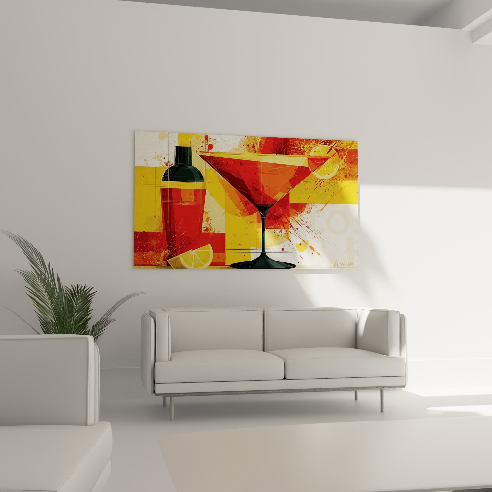 Éclaboussures rouge et jaune autour d'un verre à cocktail stylisé, au-dessus d'un canapé dans un salon lumineux