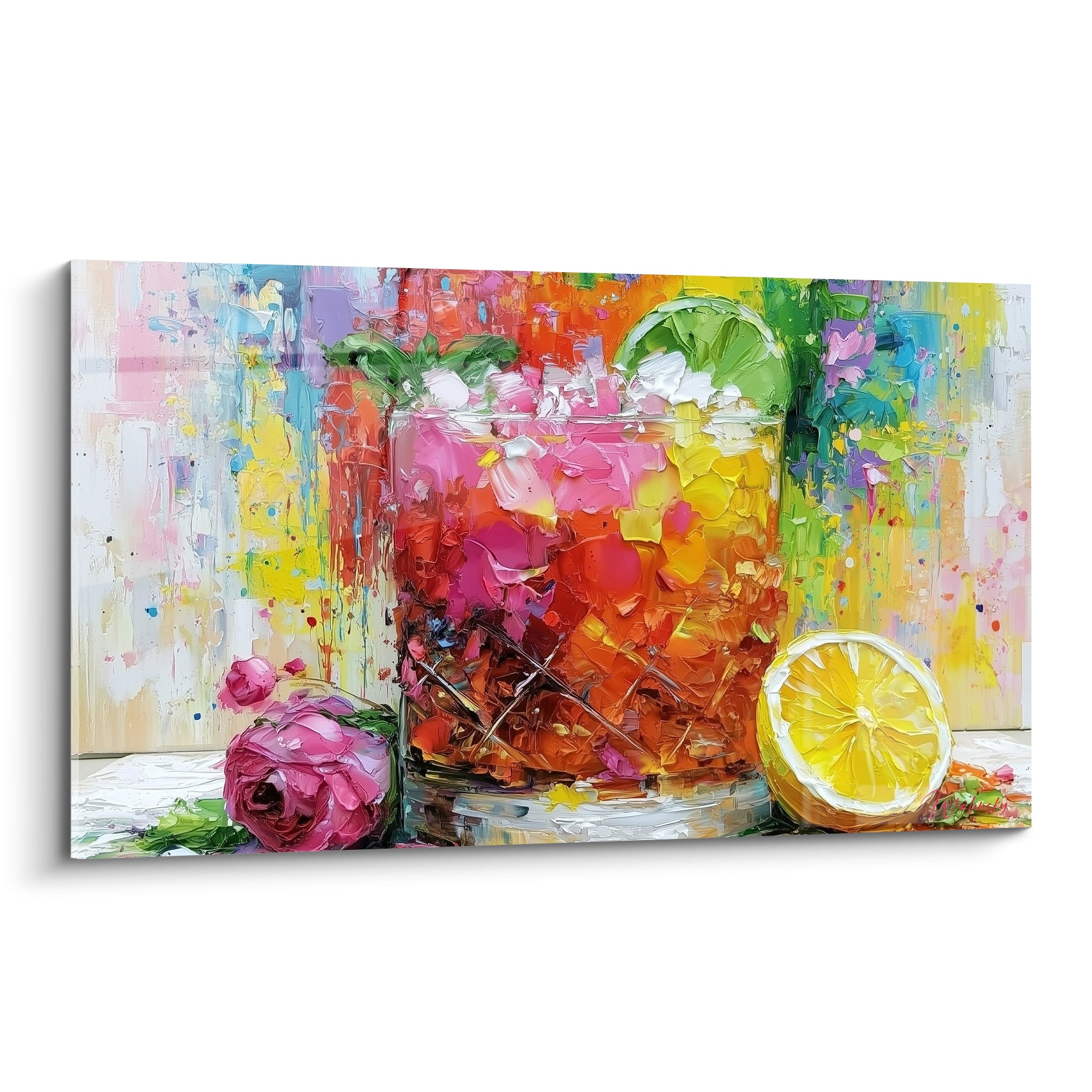 Verre de cocktail orange et rose fuchsia, citron jaune et rose pourpre, peinture texturée