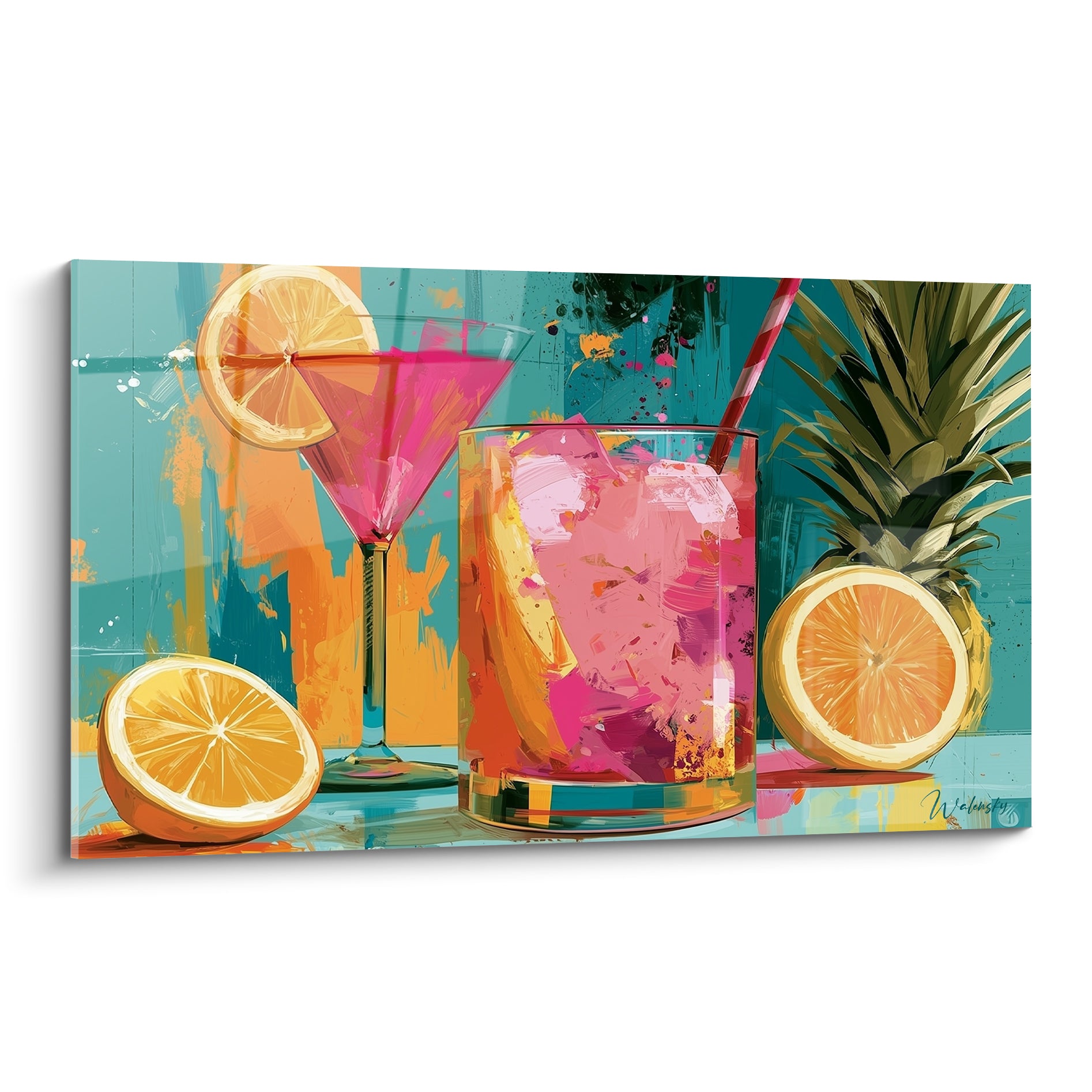 Cocktail rosé et verre à martini fuchsia entourés d'agrumes orangés sur fond turquoise peint