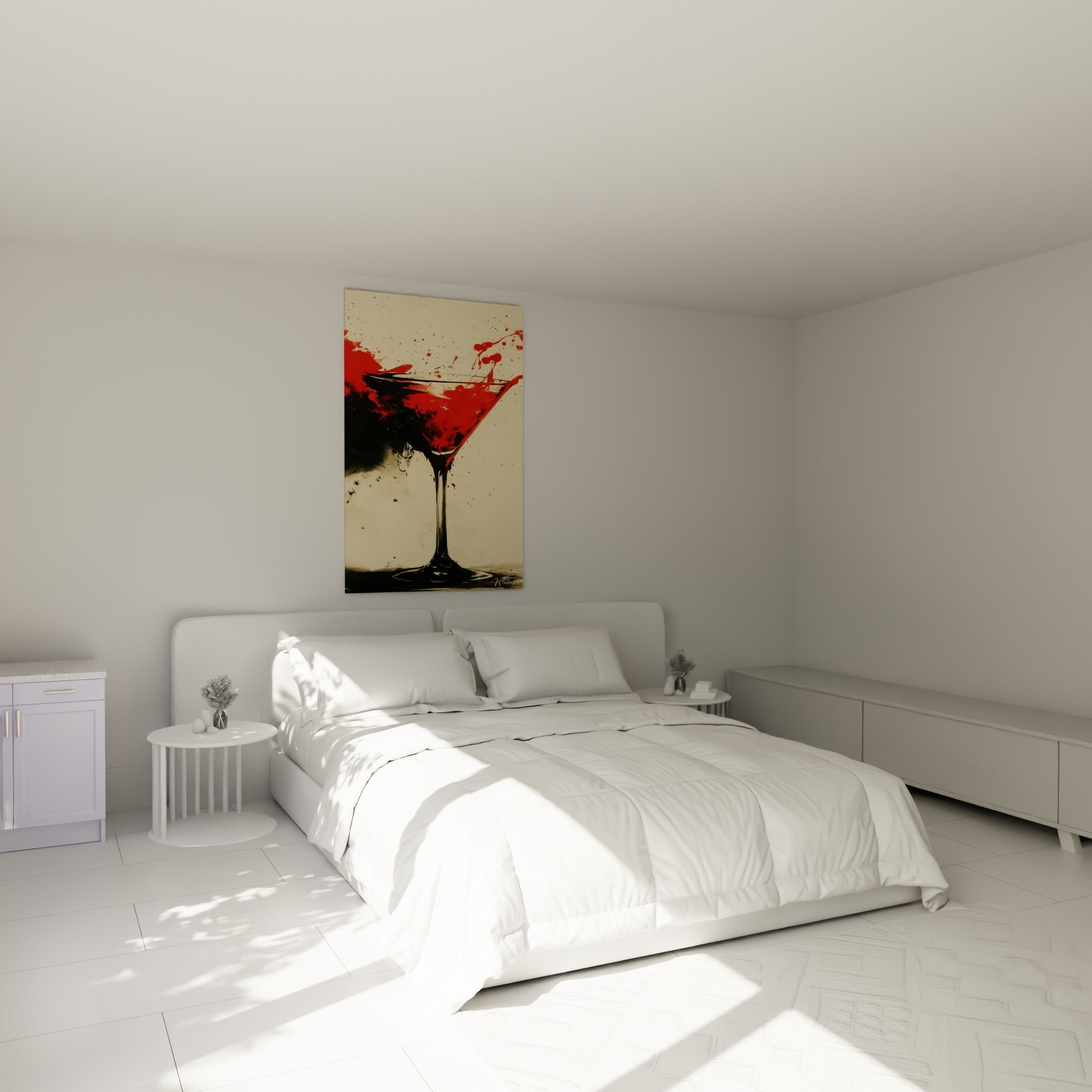 Coupe de martini rouge et noire au trait vif, accrochée au-dessus d'un lit dans une chambre claire