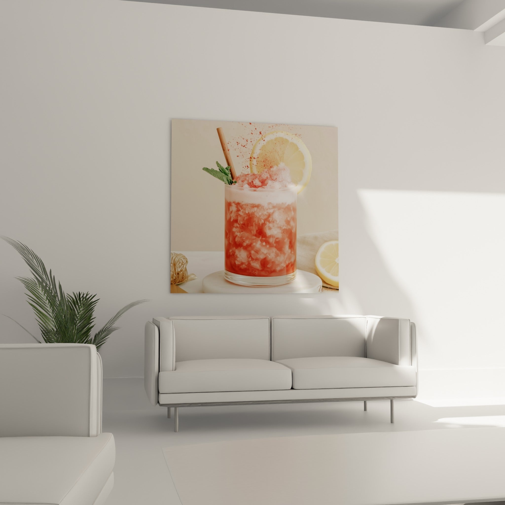 Verre de cocktail rose et jaune citron surmonté de glace pilée au-dessus d'un canapé dans un salon lumineux