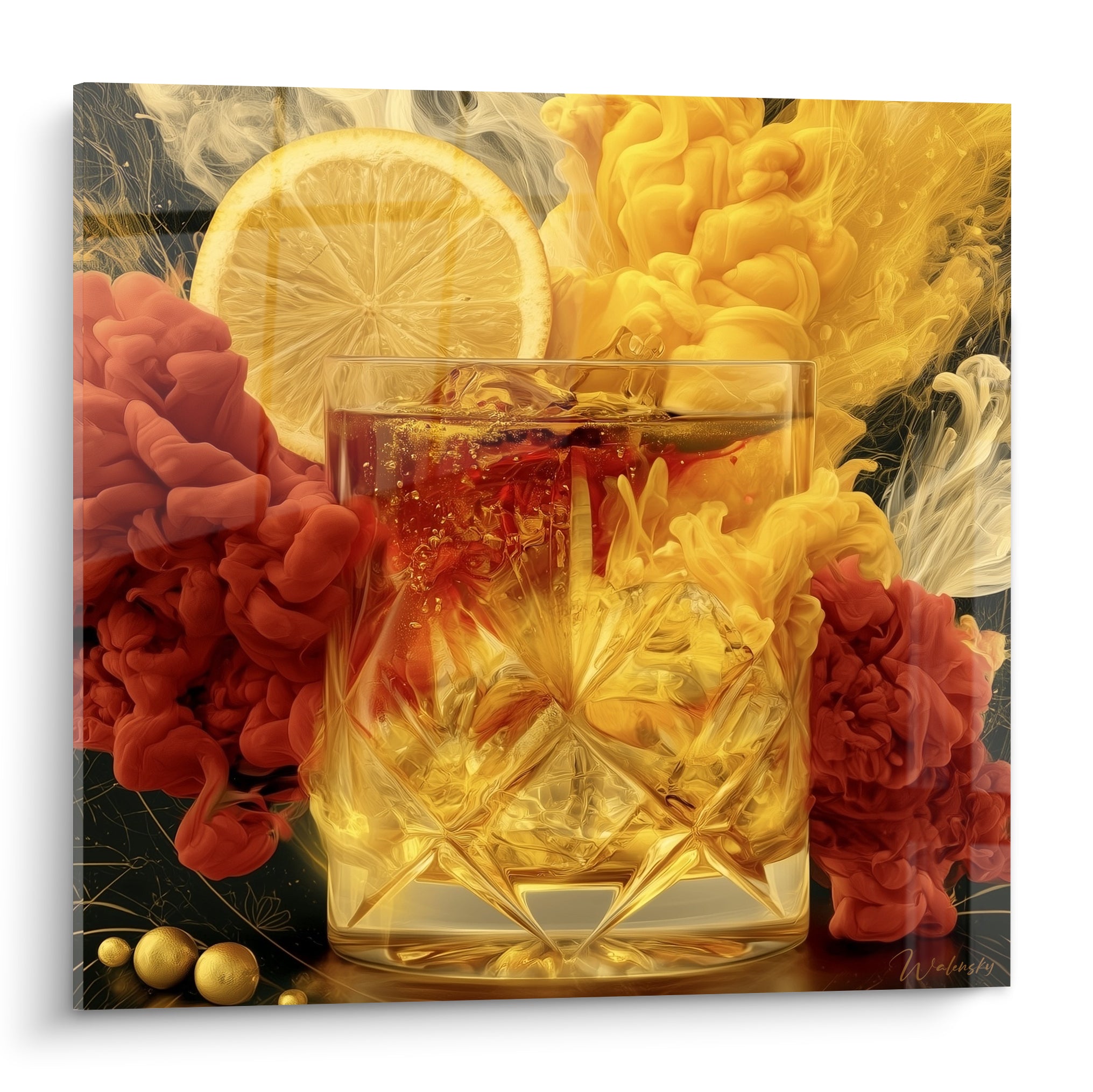 Verre à whisky doré et fumées terracotta évoquant un tableau Cocktail raffiné