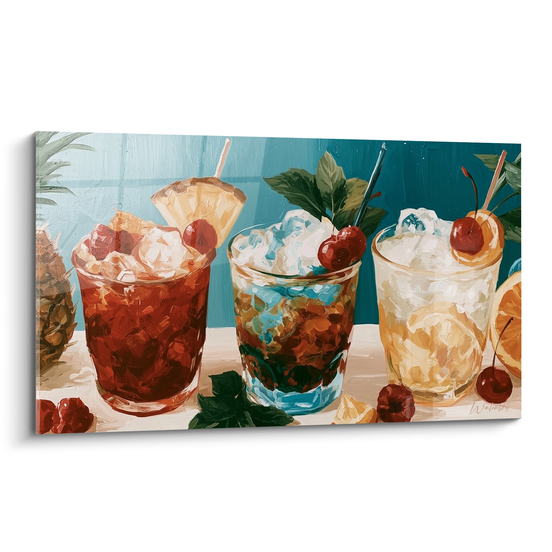 Trois cocktails aux teintes ambrées et bleu pétrole, cerises rouges, fond peint tropical