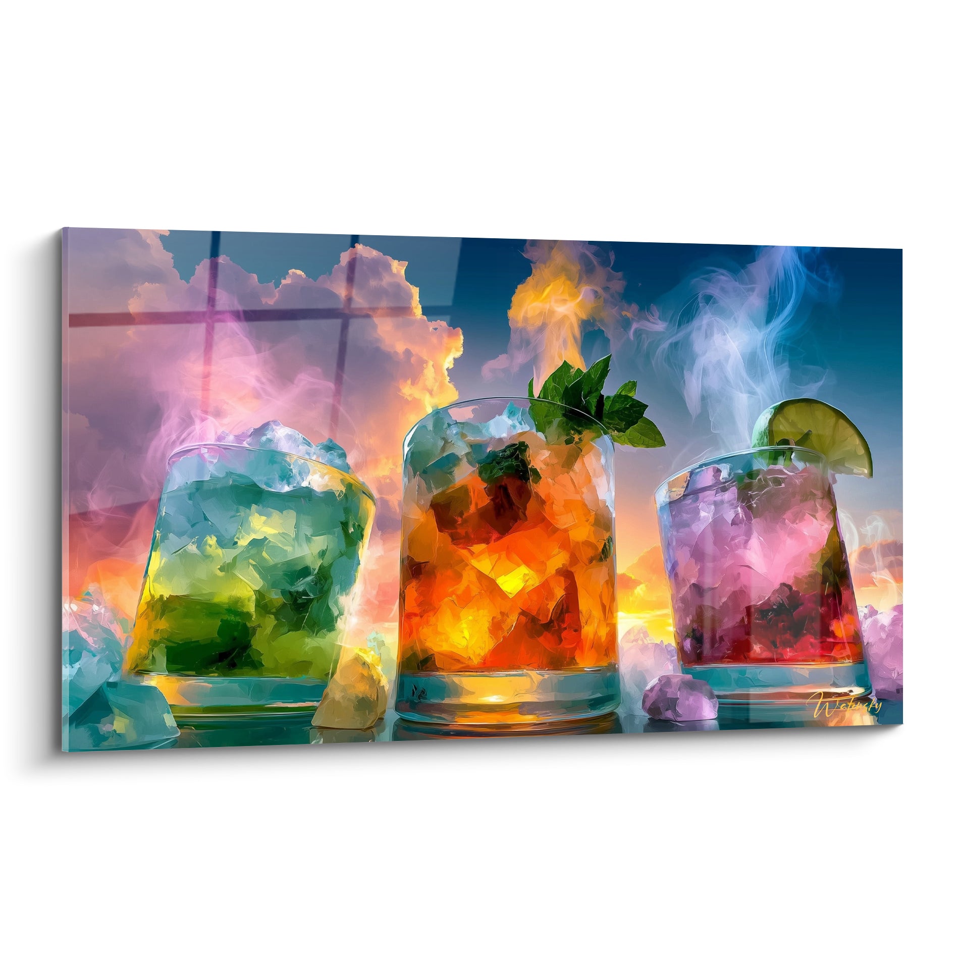 Trois verres à cocktail vert menthe, orangé et rose fuchsia avec glaçons et fumées colorées