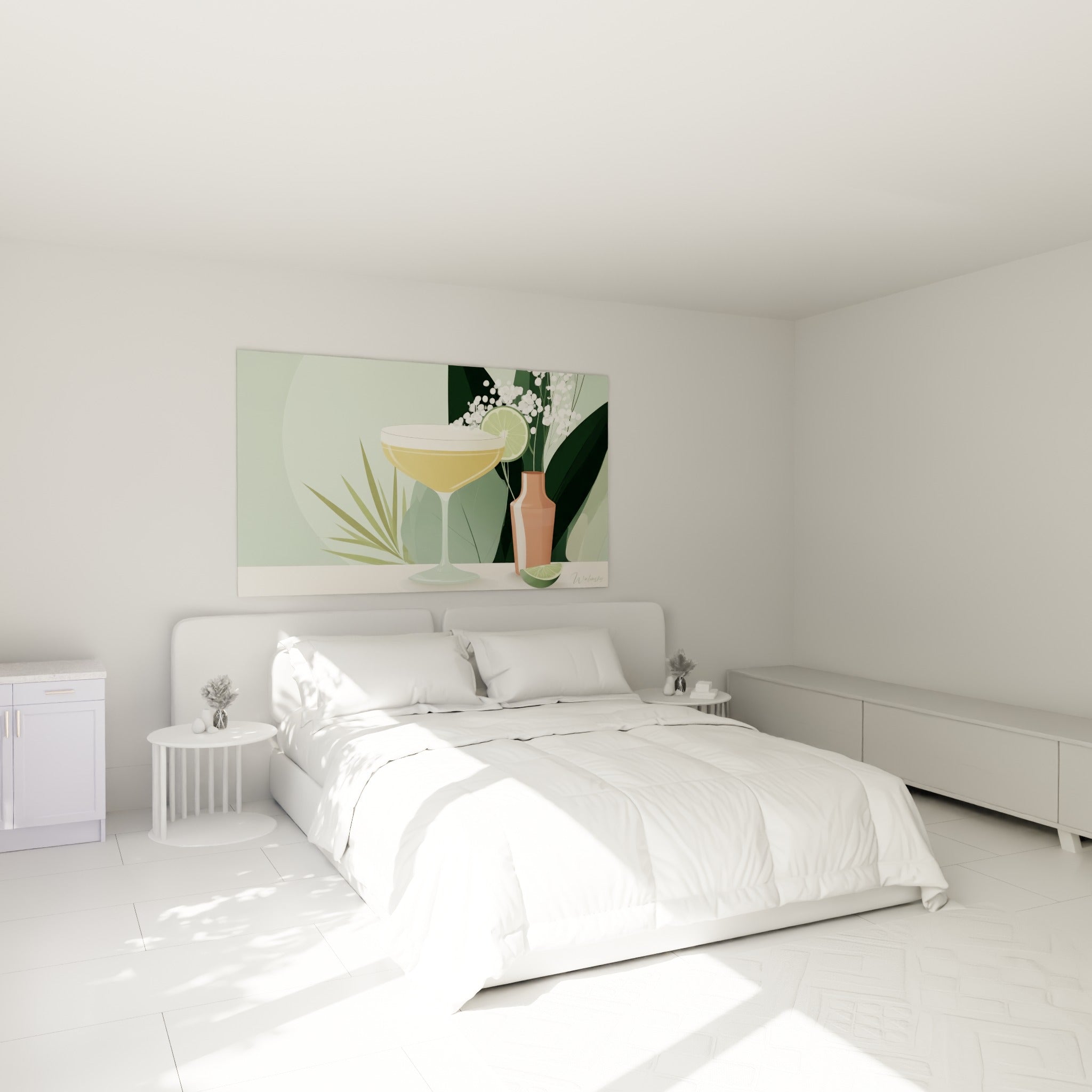 Cocktail illustré aux tons vert sauge et doré au-dessus d'un lit dans une chambre claire