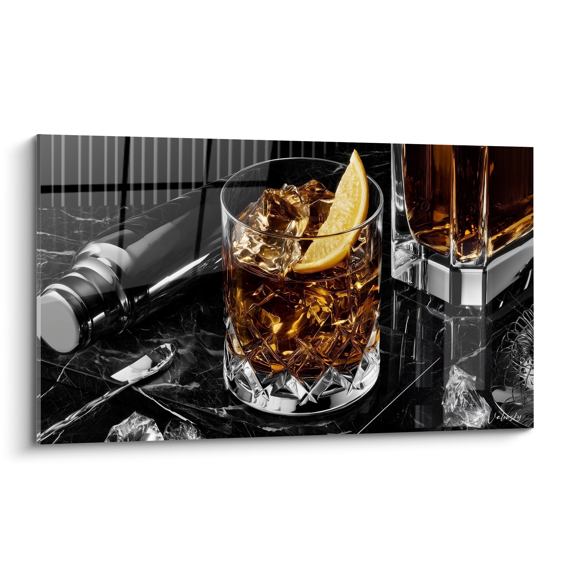 Verre de whisky ambré aux glaçons et citron jaune posé sur marbre noir veiné brillant