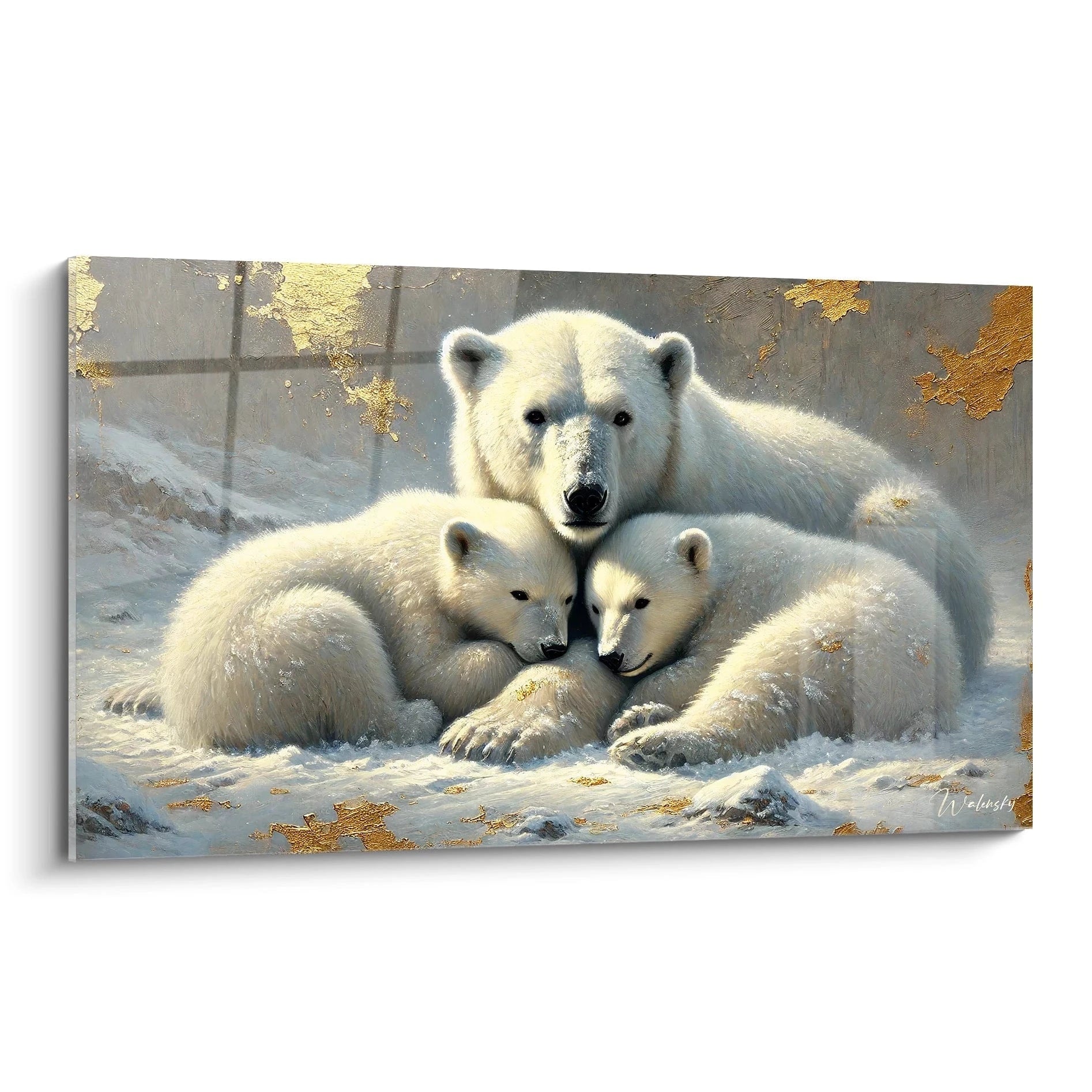 Sublimez votre espace avec ce tableau ours polaire. Vue de biais, les détails dorés ajoutent un éclat raffiné à cette scène polaire, parfaite pour toute décoration inspirée par la nature.