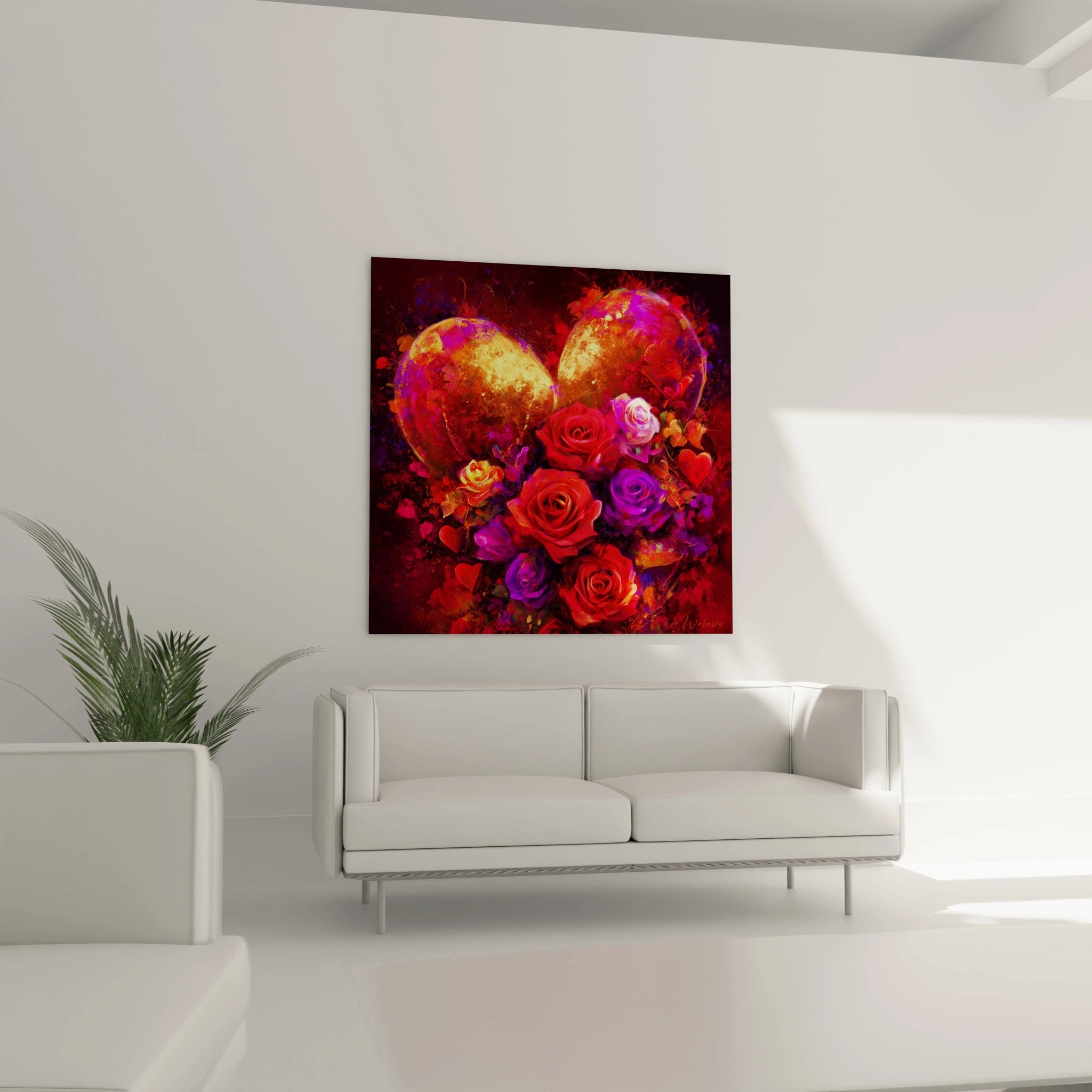 Tableau mural Walensky tableau cœur abstrait saint valentin coeurs dorés et roses rouges et violettes au dessus d un canapé blanc