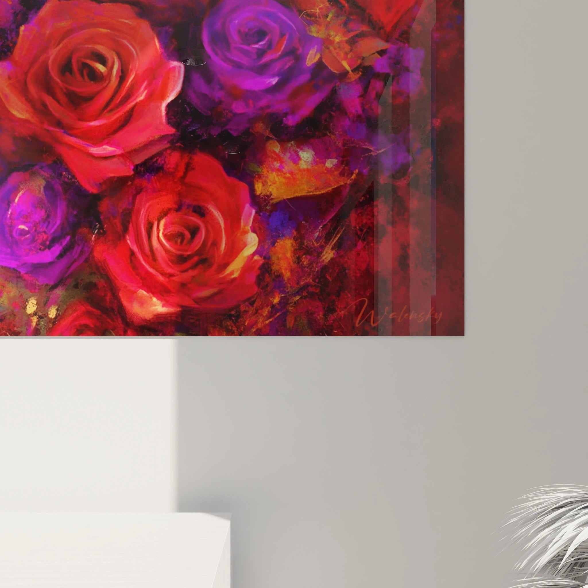 Tableau mural Walensky représentant roses rouges et violettes abstraites peintes à la main tableau cœur abstrait saint valentin