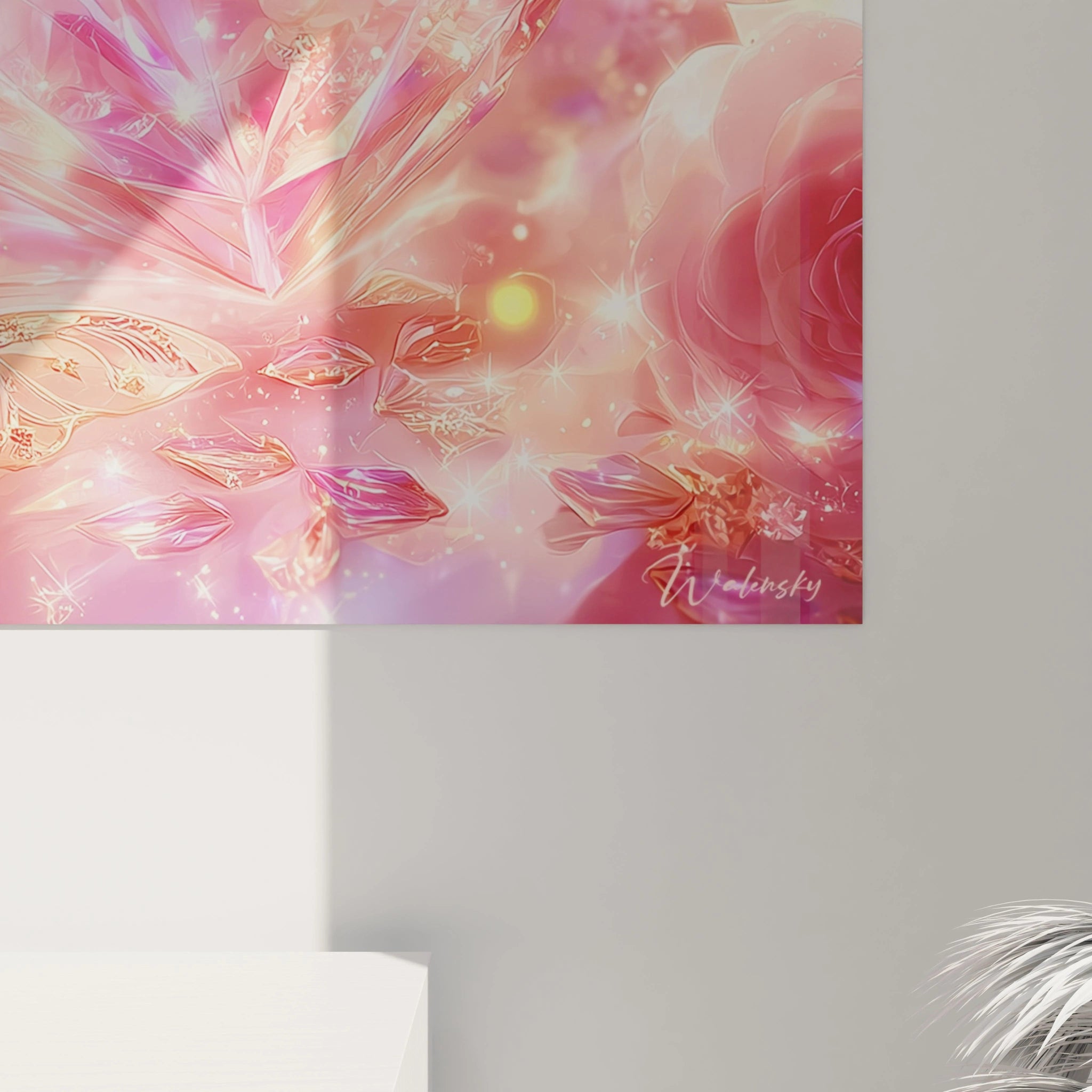 Tableau mural Walensky rose romantique avec cristaux scintillants et rose stylisee pour cadeau tableau cœur cristal saint valentin