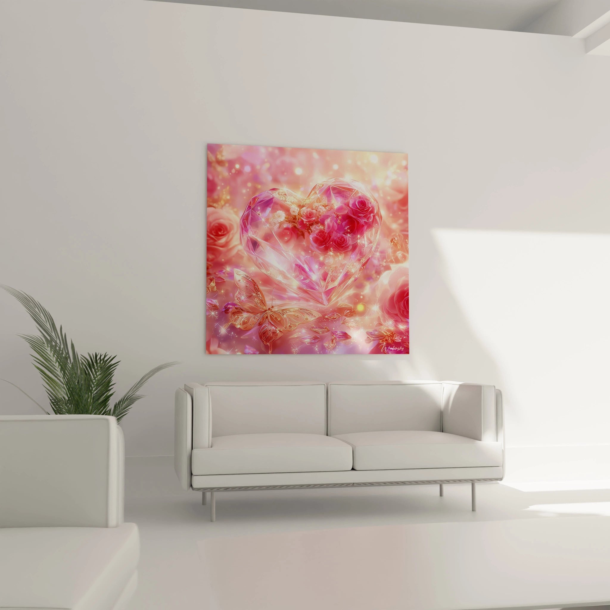 tableau cœur cristal saint valentin Walensky affiché au dessus d'un canapé blanc, cœur en cristal rose et roses décoratives