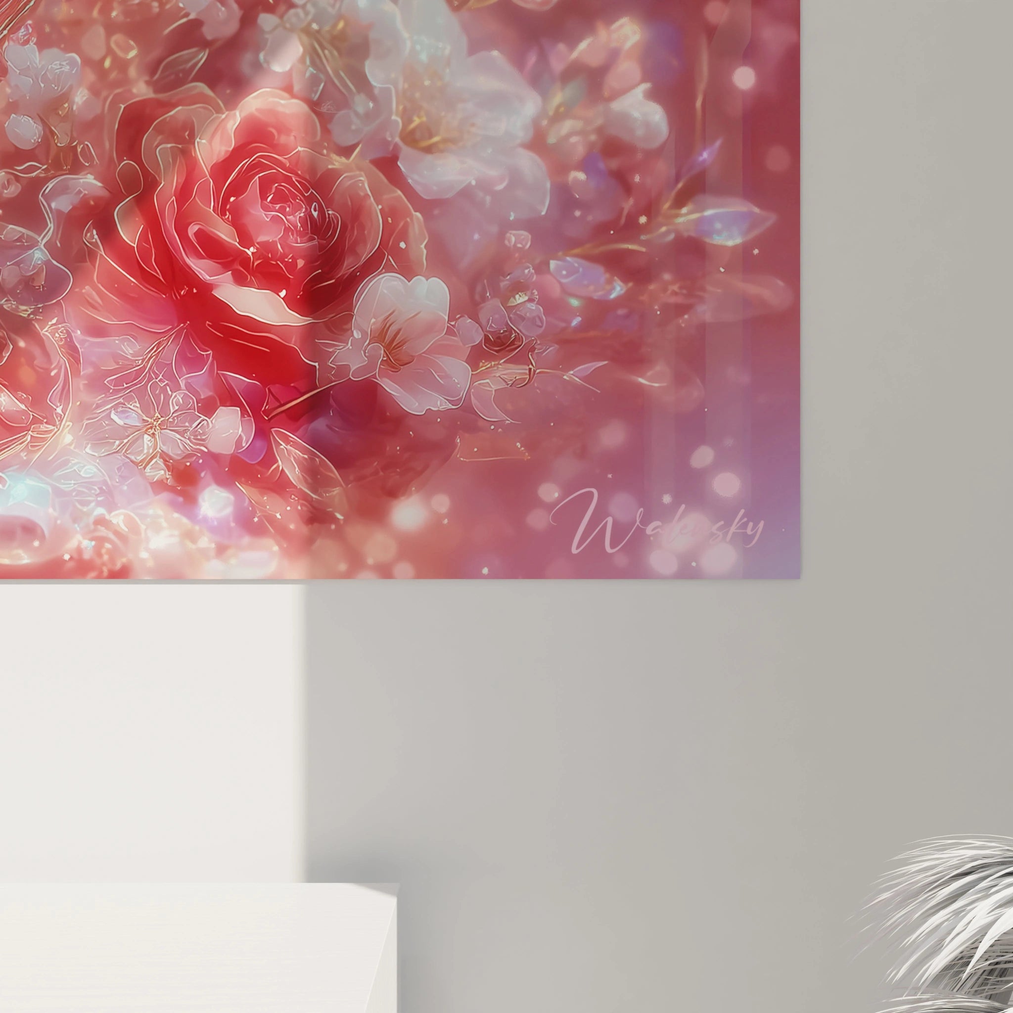 tableau cœur floral saint valentin Walensky tableau mural rose avec grandes roses et fleurs blanches effet bokeh romantique