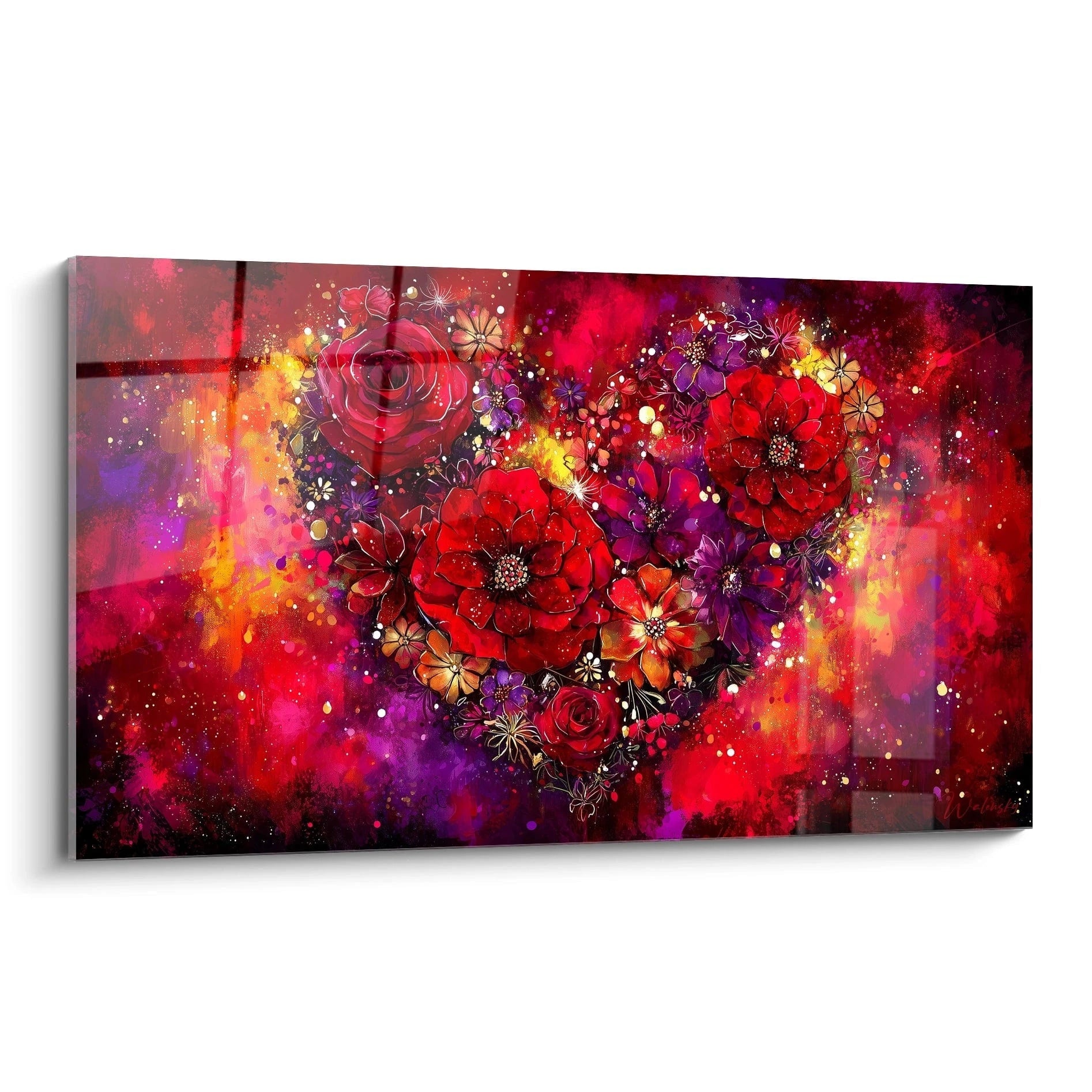 Walensky tableau cœur floral sur toile avec grand coeur de fleurs rouges et violettes design vibrant et moderne