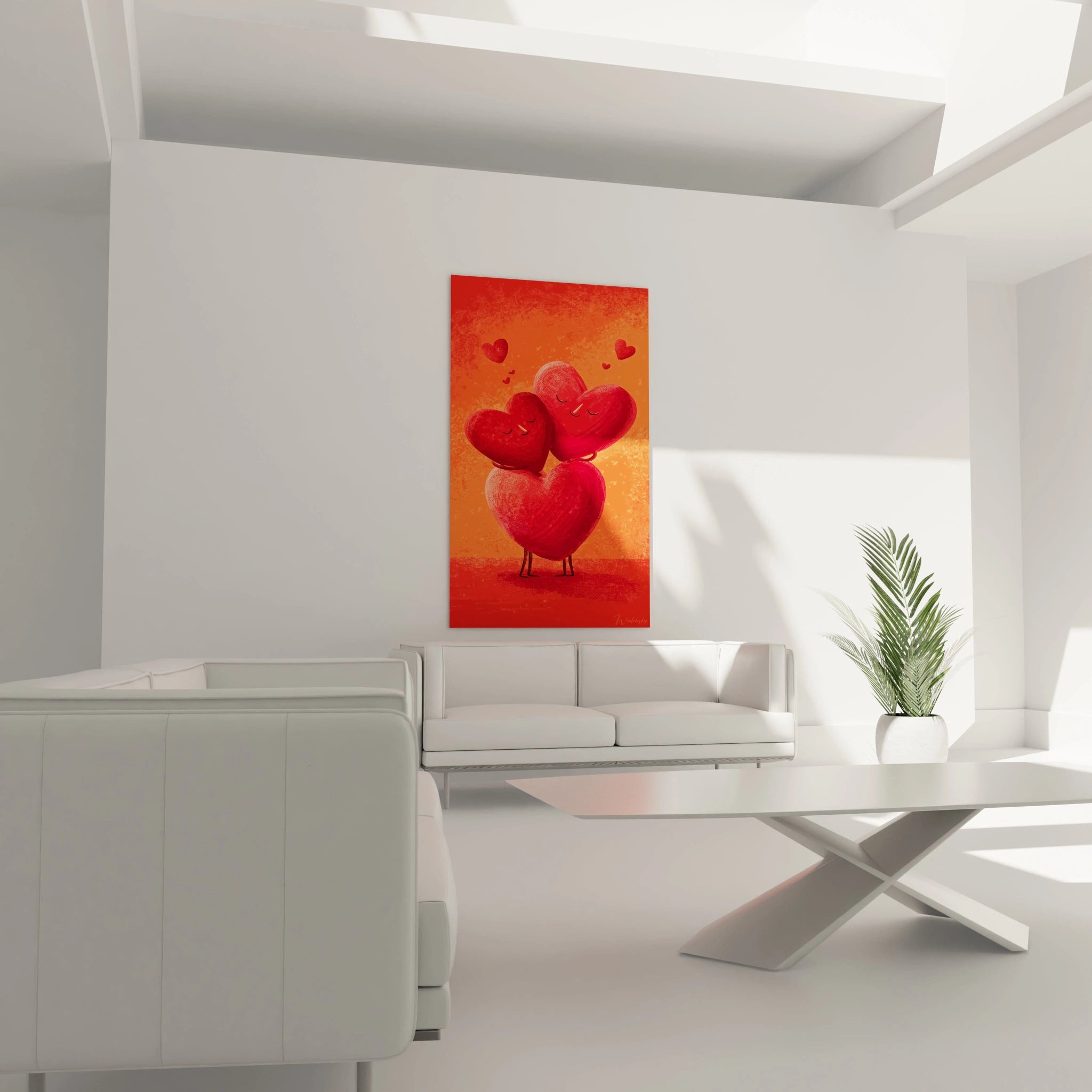 Walensky tableau mural cœur Saint-Valentin rouge illustré de trois coeurs empilés accroché au dessus du canapé blanc moderne
