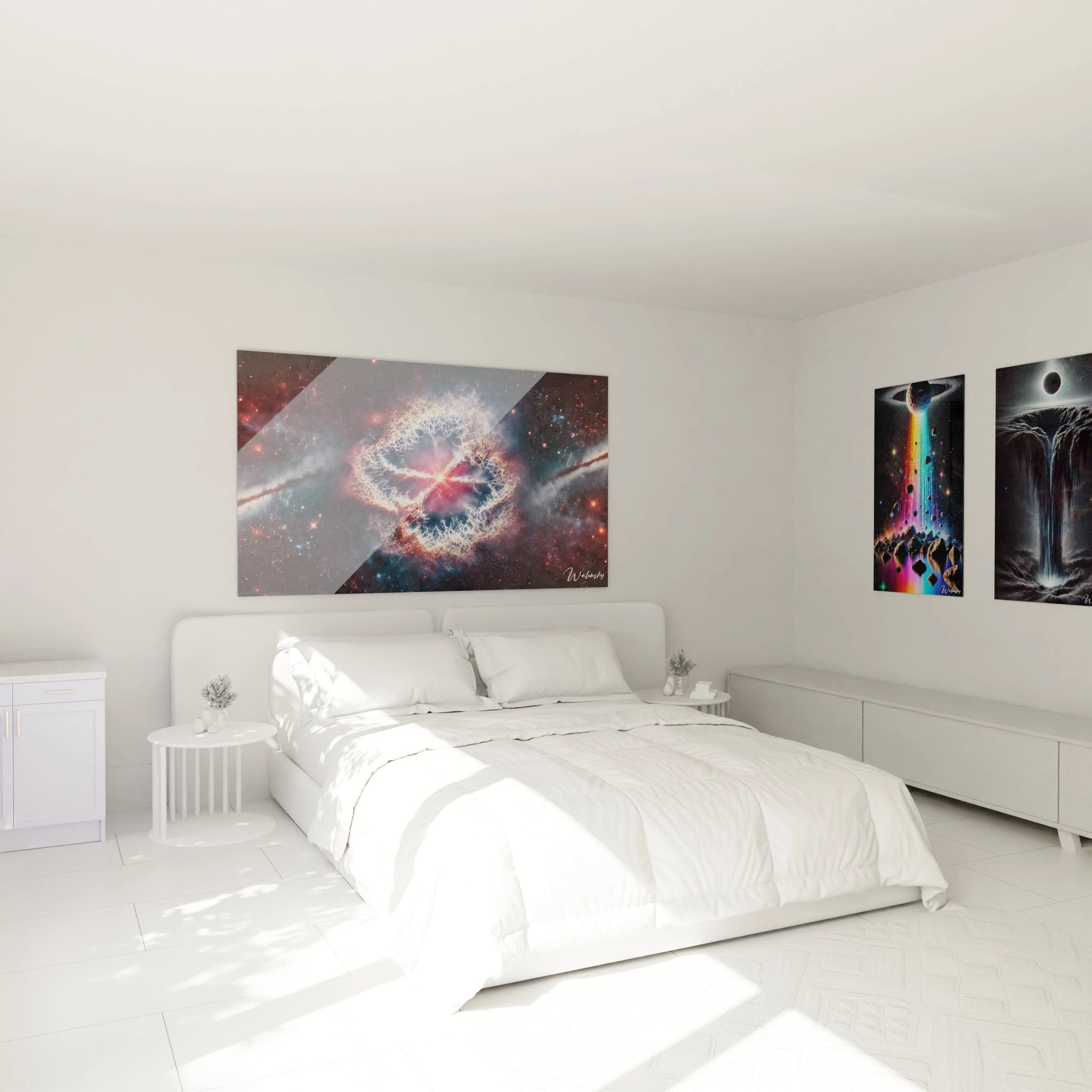 tableau espace au-dessus du lit dans une chambre contemporain refletant l’infini nuances de rouge blanc bleu apaisant et captivant lumiere cosmique eclatante serenite universelle