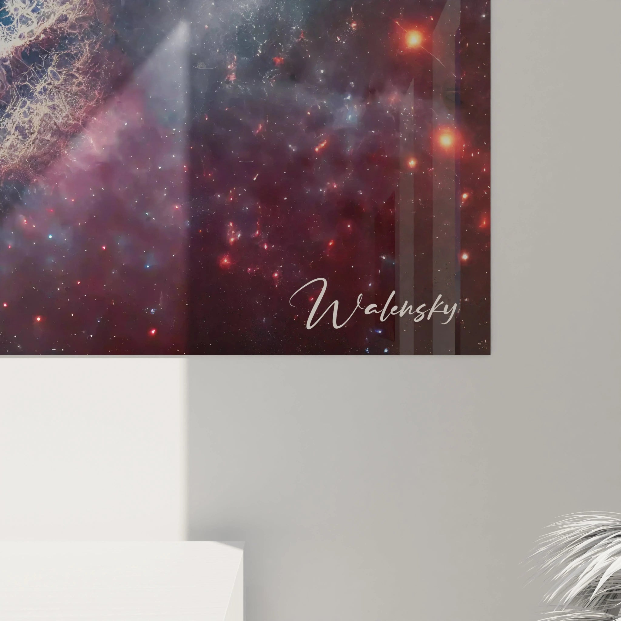 vue de pres du tableau espace details fins filaments lumineux rouge bleu blanc intensite galactique realisme et abstrait energie cosmique en mouvement perpetuel