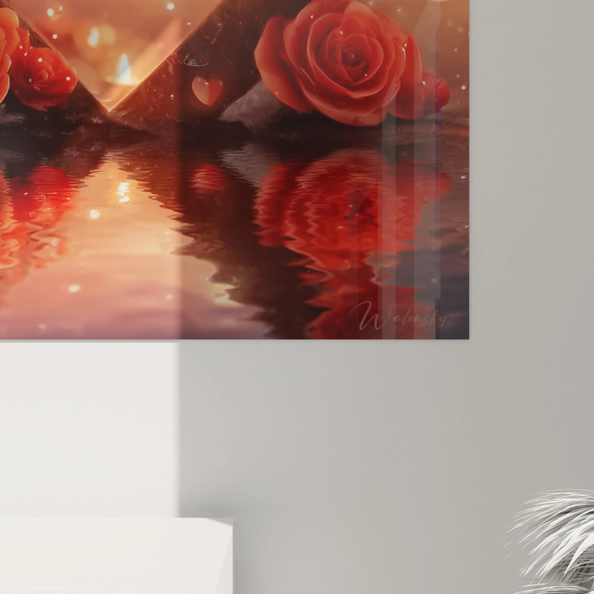 Walensky tableau coeur saint valentin mural avec roses rouges reflet sur eau et lumiere romantique