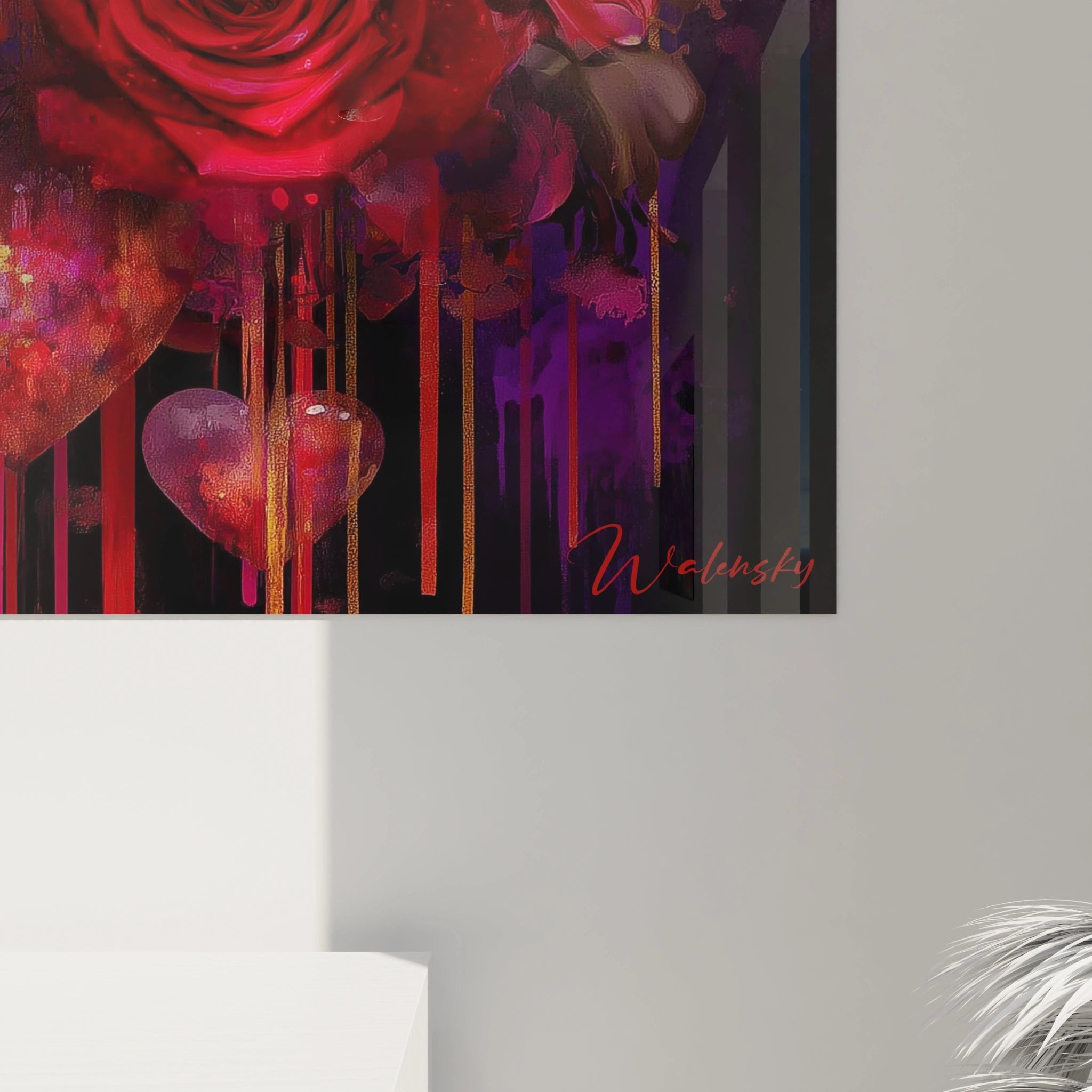 Walensky tableau cœur édition saint valentin mural avec roses rouges cœur peints coulures de peinture fond sombre