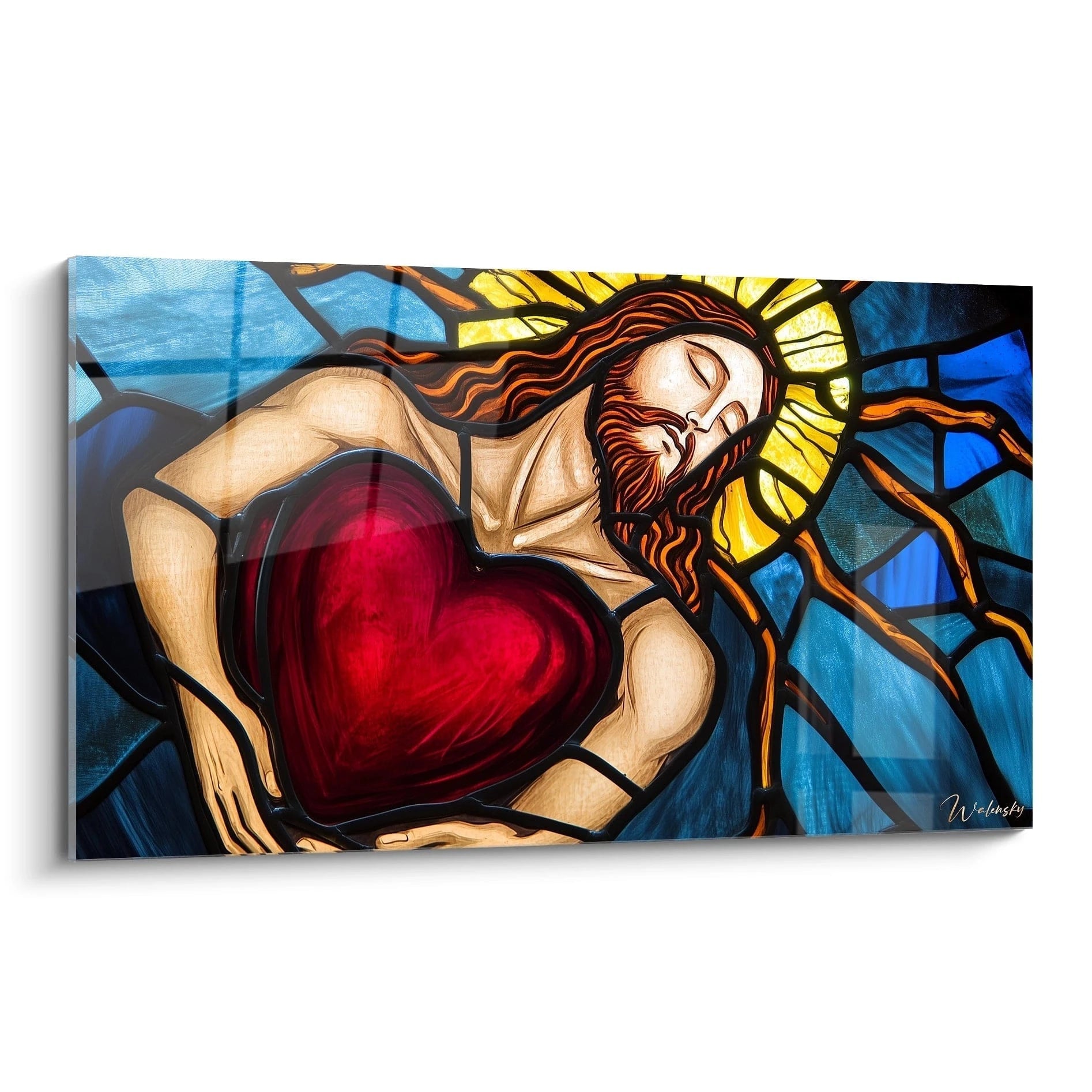 Un tableau vitraux spirituel représentant une figure féminine aux yeux clos tenant un cœur rouge éclatant, avec une auréole dorée rayonnante, sur fond de sections bleues géométriques délimitées par des lignes noires évoquant la structure traditionnelle du vitrail.