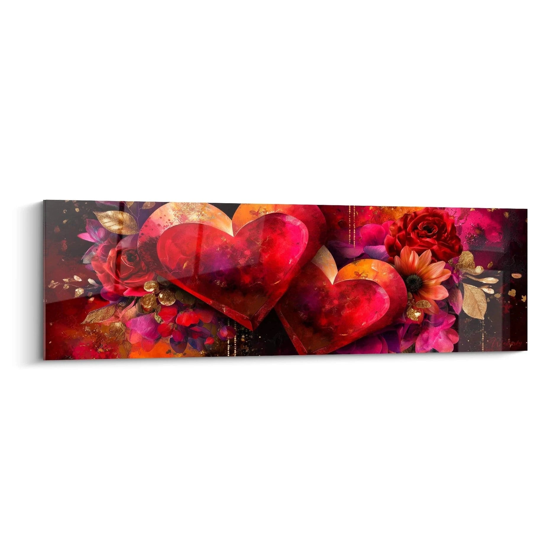 Tableau mural Walensky avec deux coeurs rouges et fleurs colorées pour chambre romantique, tableau cœur saint valentin