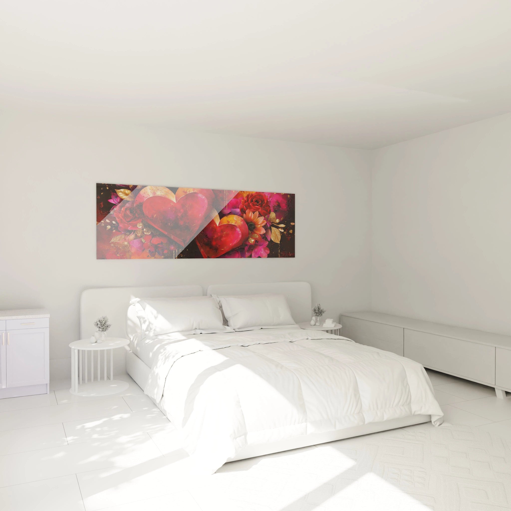 tableau cœur saint valentin Walensky mural floral rouge et rose accroché au dessus d un lit blanc moderne