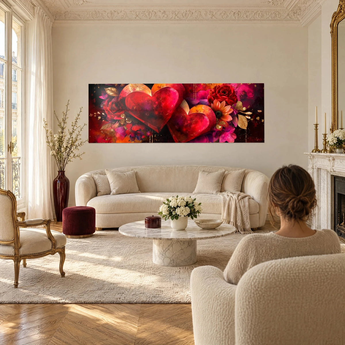 Gemälde zwei Herzen in Karminrot auf purpurnen Rosen und Goldblättern, über einem Sofa in einem hellen Wohnzimmer