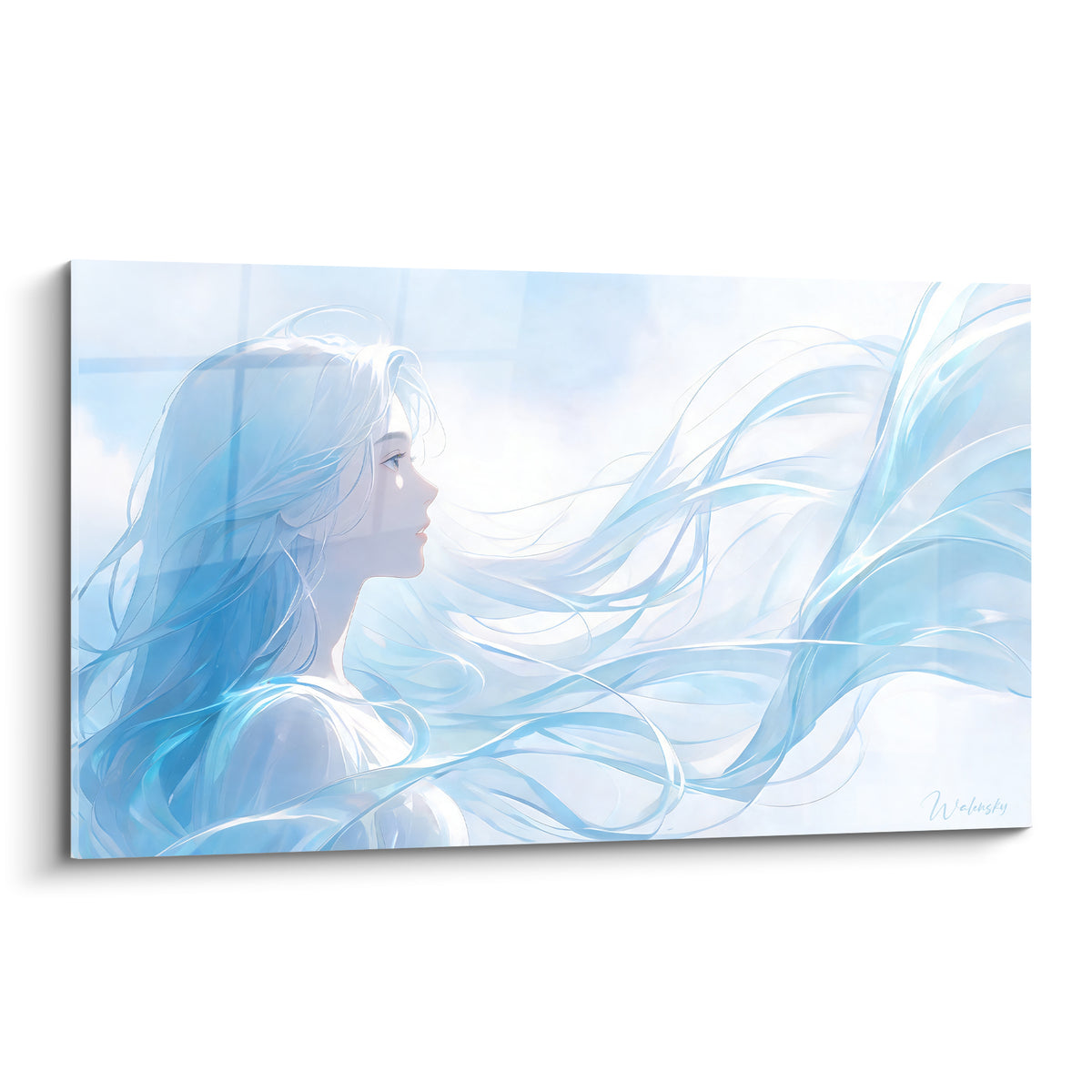 Profil féminin aux longues mèches bleu pastel et blanc, chevelure fluide en mouvement sur fond clair