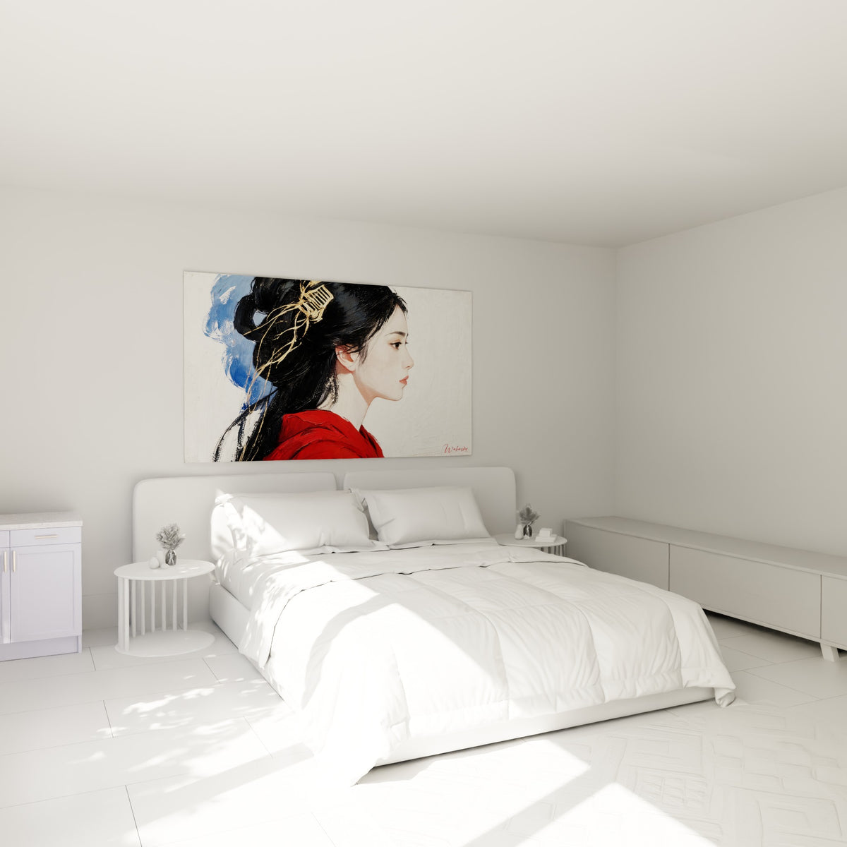 Portrait de profil à la coiffure ornée d'or et vêtement rouge, au-dessus d'un lit dans une chambre claire.