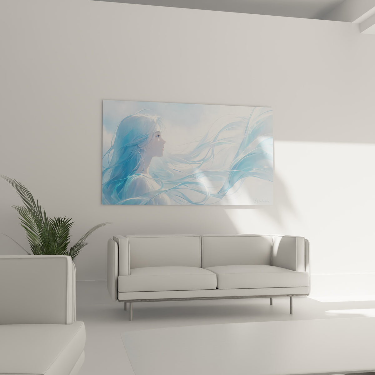 Mèches bleu pastel et blanches enveloppant un profil délicat, disposées au-dessus d'un canapé dans un salon lumineux