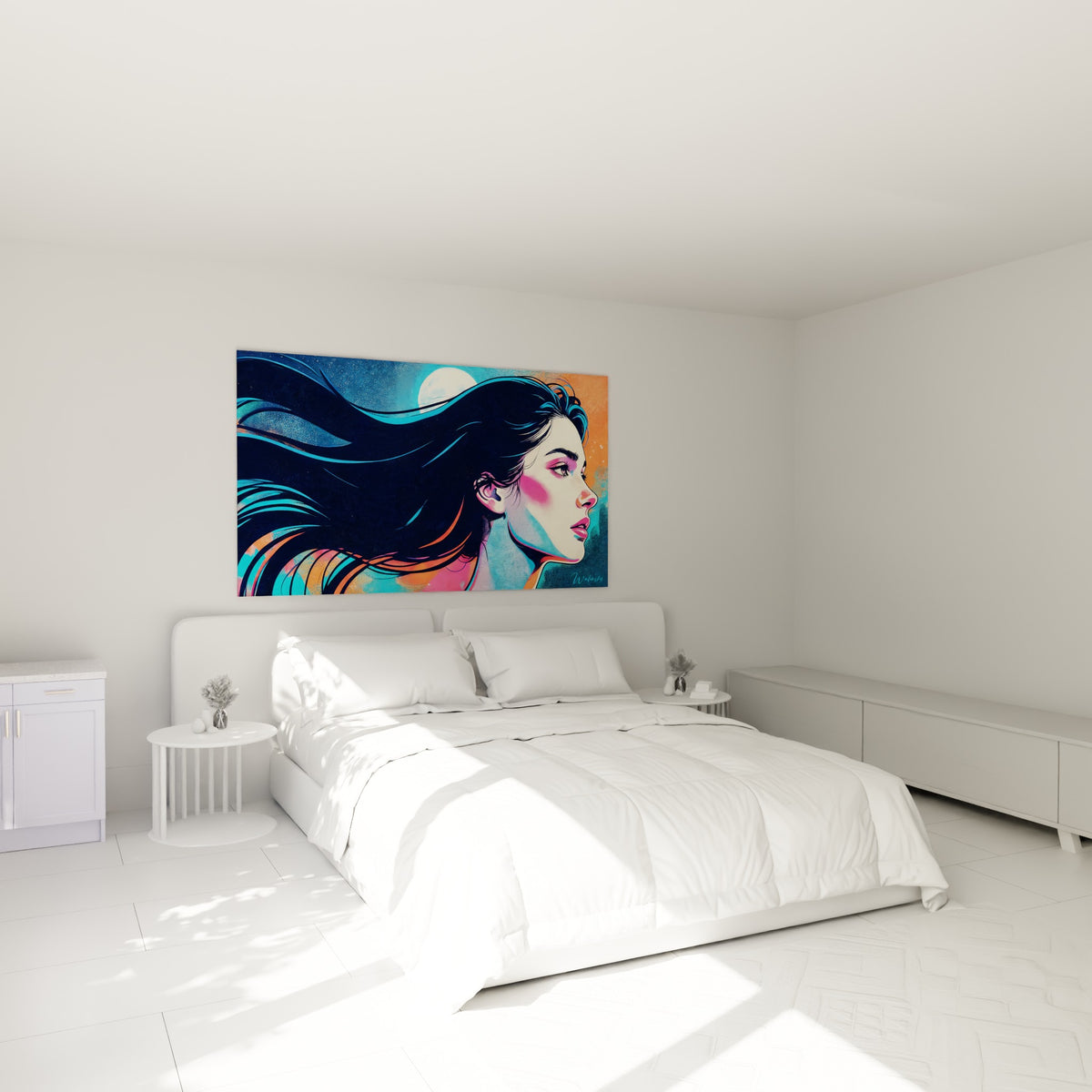Femme au profil déterminé, mèches noires et bleu turquoise, au-dessus d'un lit dans une chambre claire