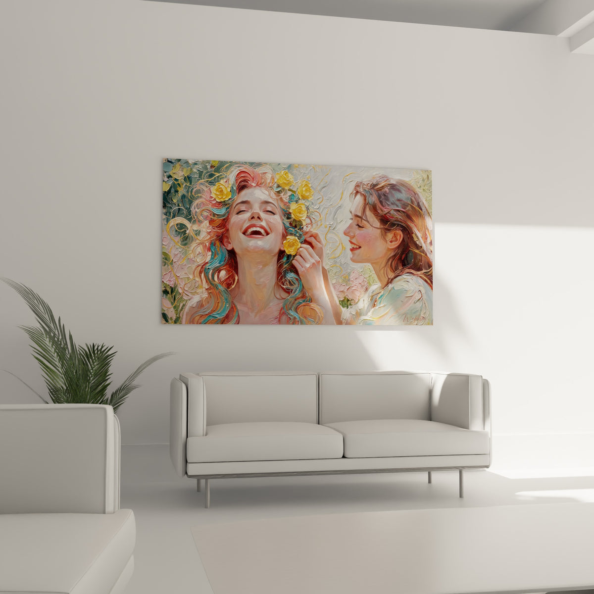 Rire partagé et mèches turquoise sur ce tableau coiffure, au-dessus d'un canapé dans un salon lumineux
