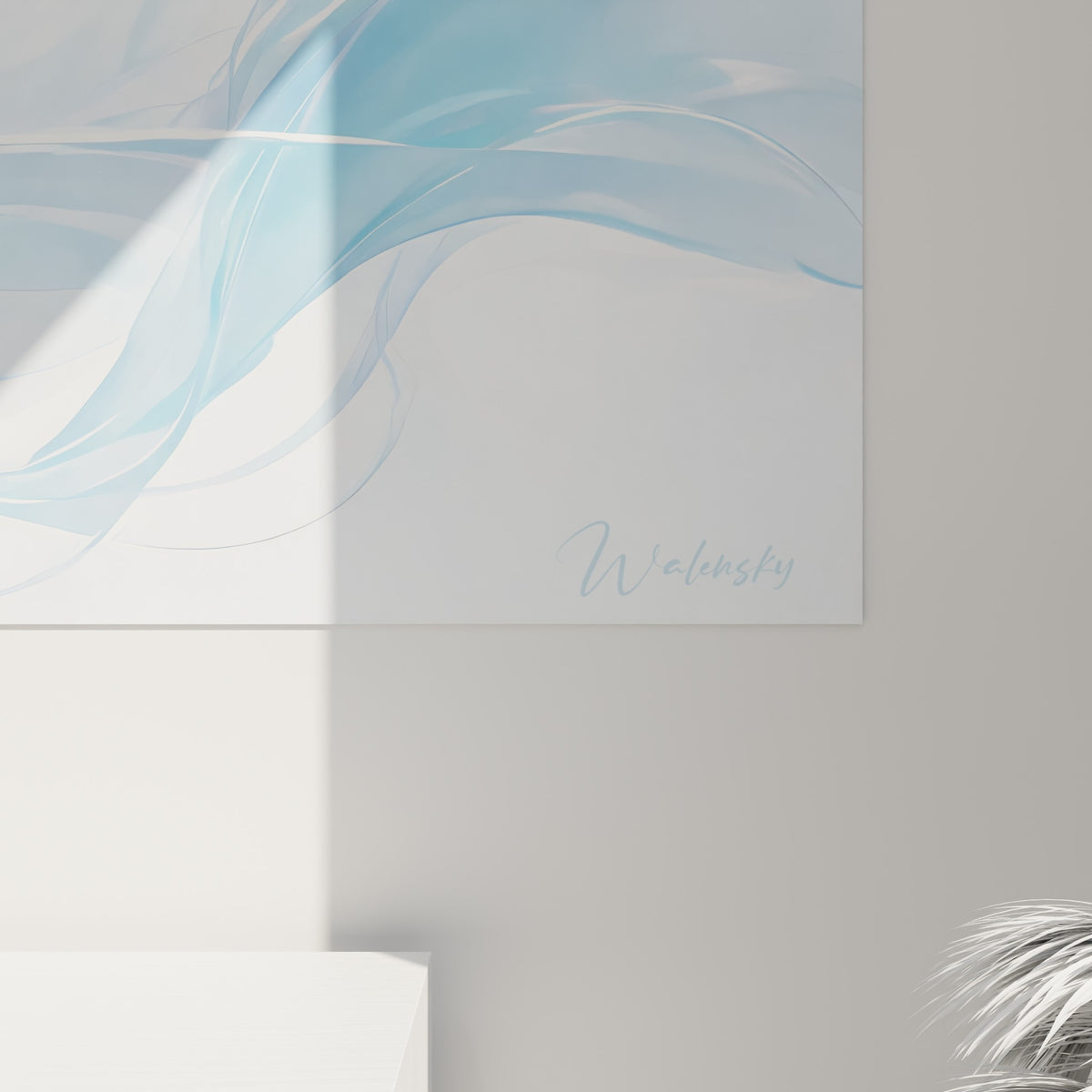 Détail des ondulations bleu glacé et blanches où la matière de l'impression révèle des transparences et un grain subtil