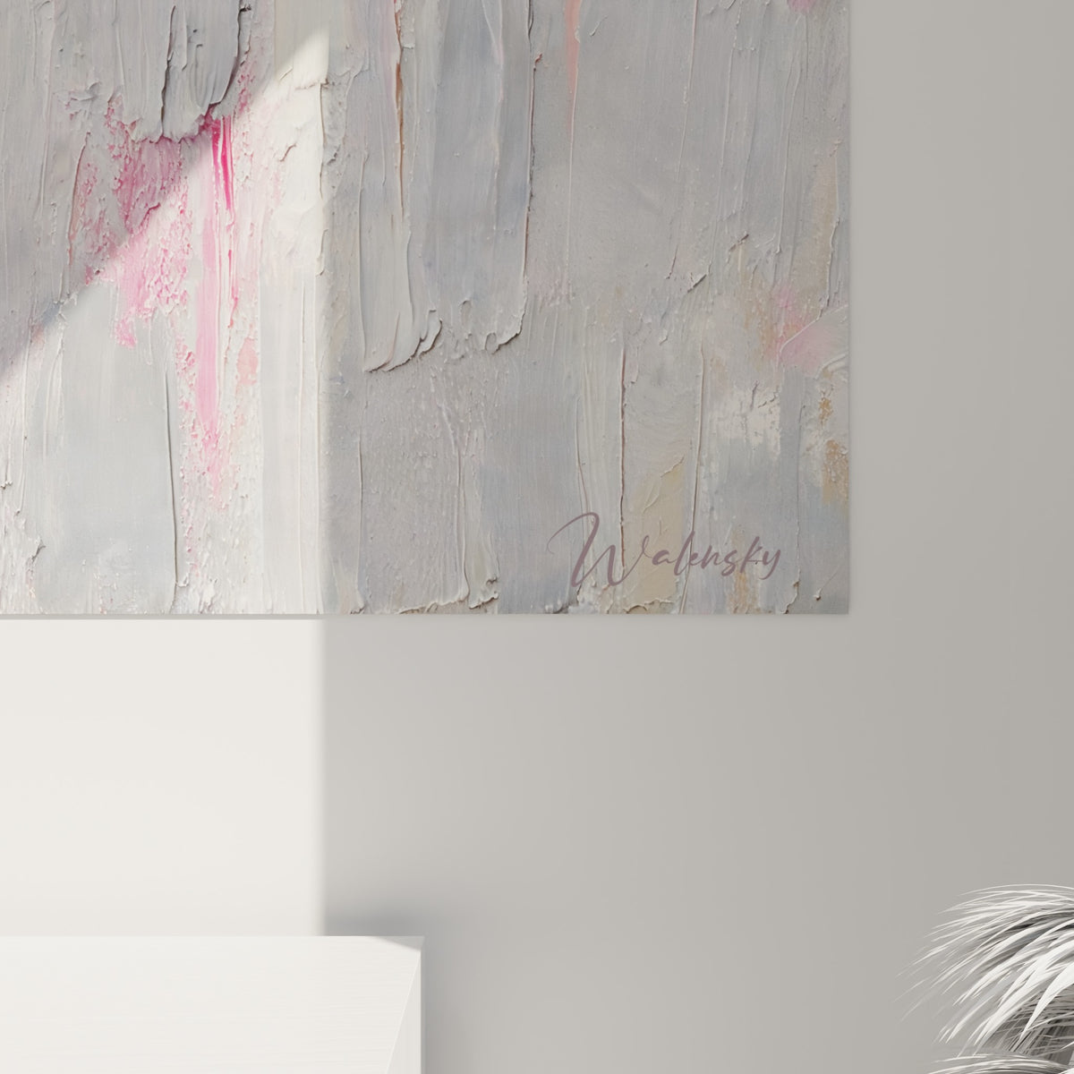 Empâtements roses et gris révélant la matière épaisse de la peinture au couteau sur toile