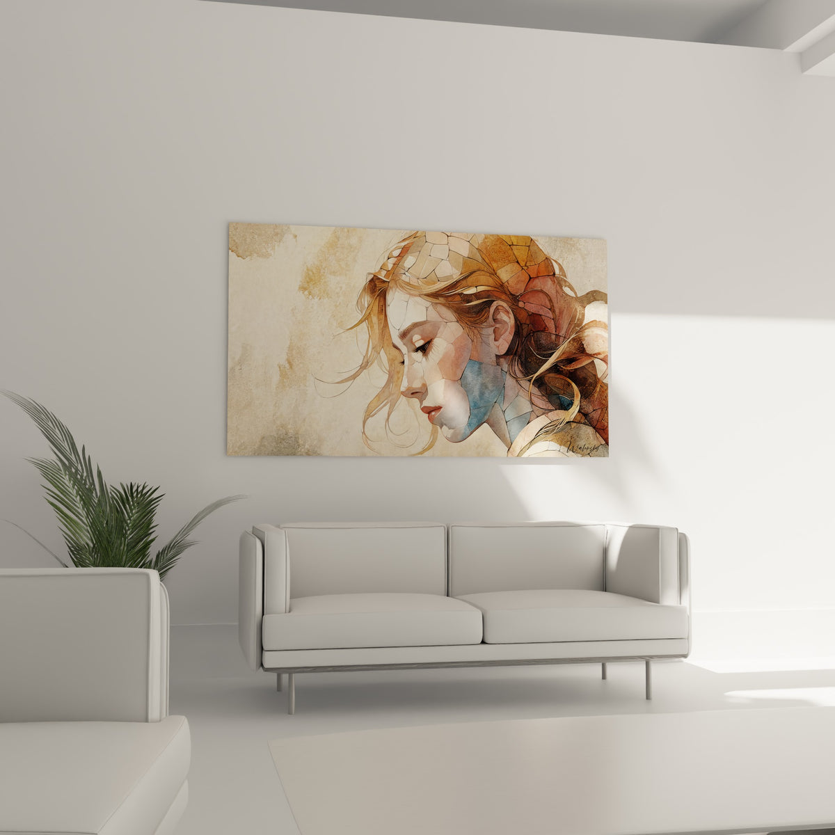 Femme au regard baissé, facettes beige et bleu pastel, accrochée au-dessus d'un canapé dans un salon lumineux
