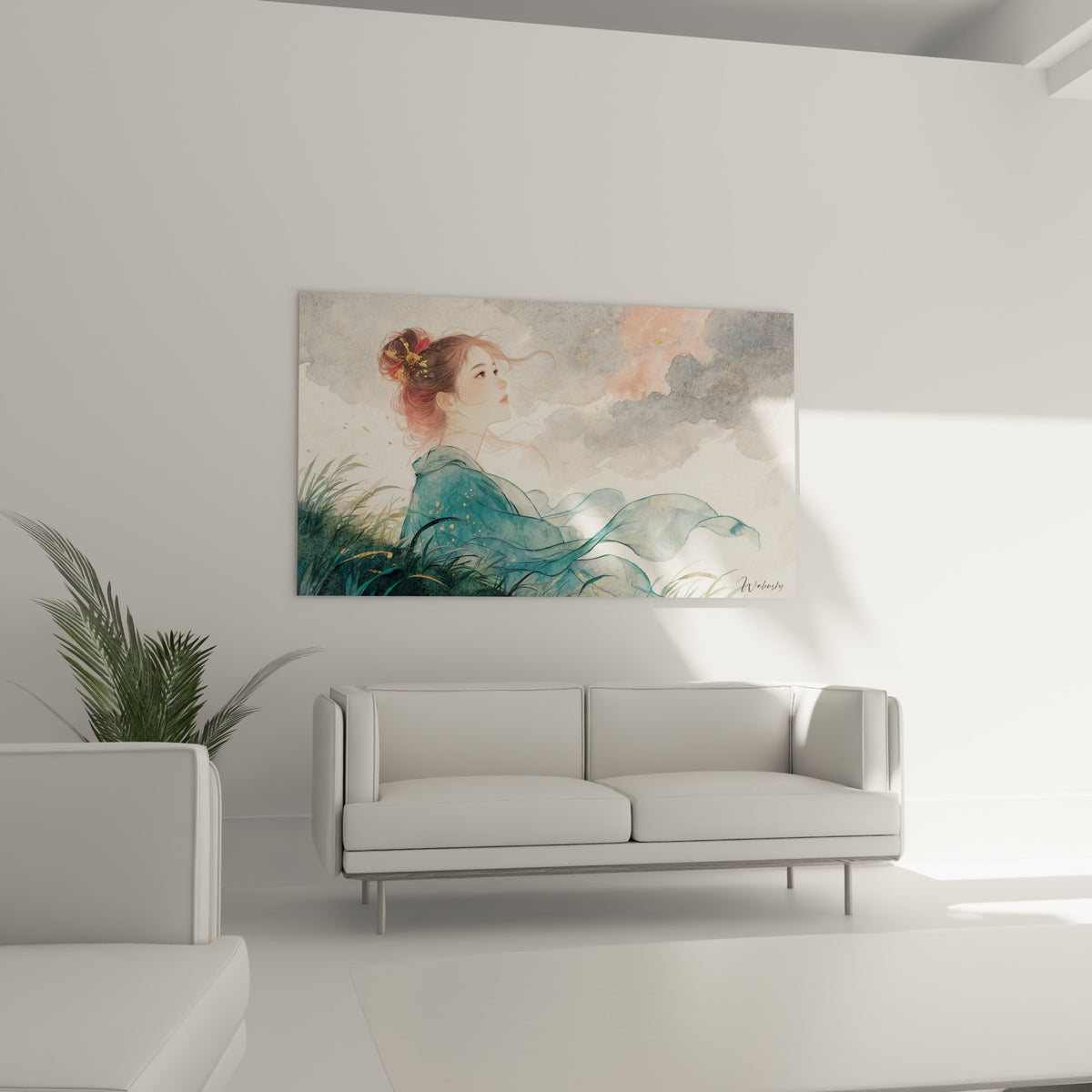 Silhouette féminine en robe turquoise et mèches dorées flottantes, suspendue au-dessus d'un canapé dans un salon lumineux