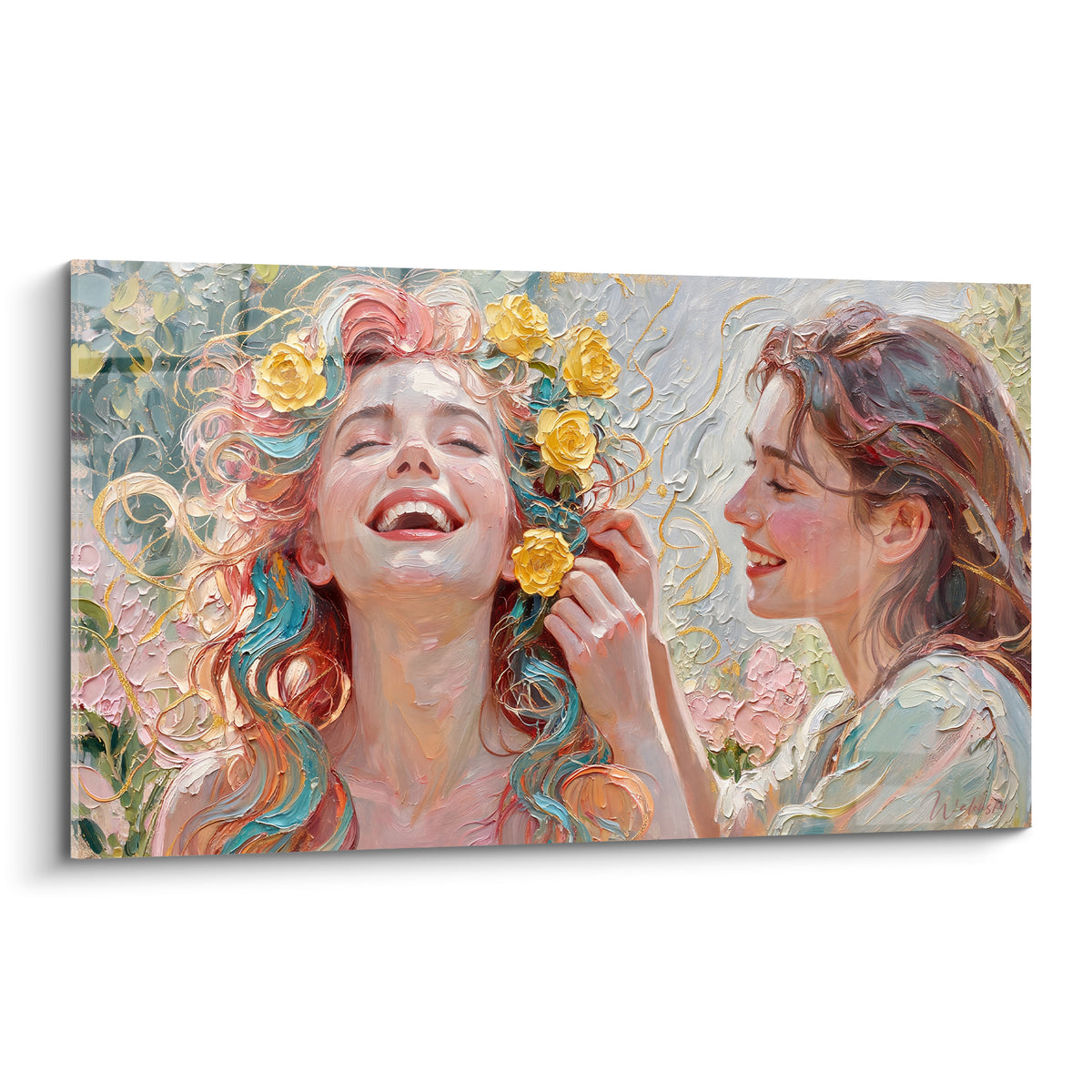 Deux femmes rieuses aux cheveux roses et turquoise, tableau coiffure fleuri jaune et doré