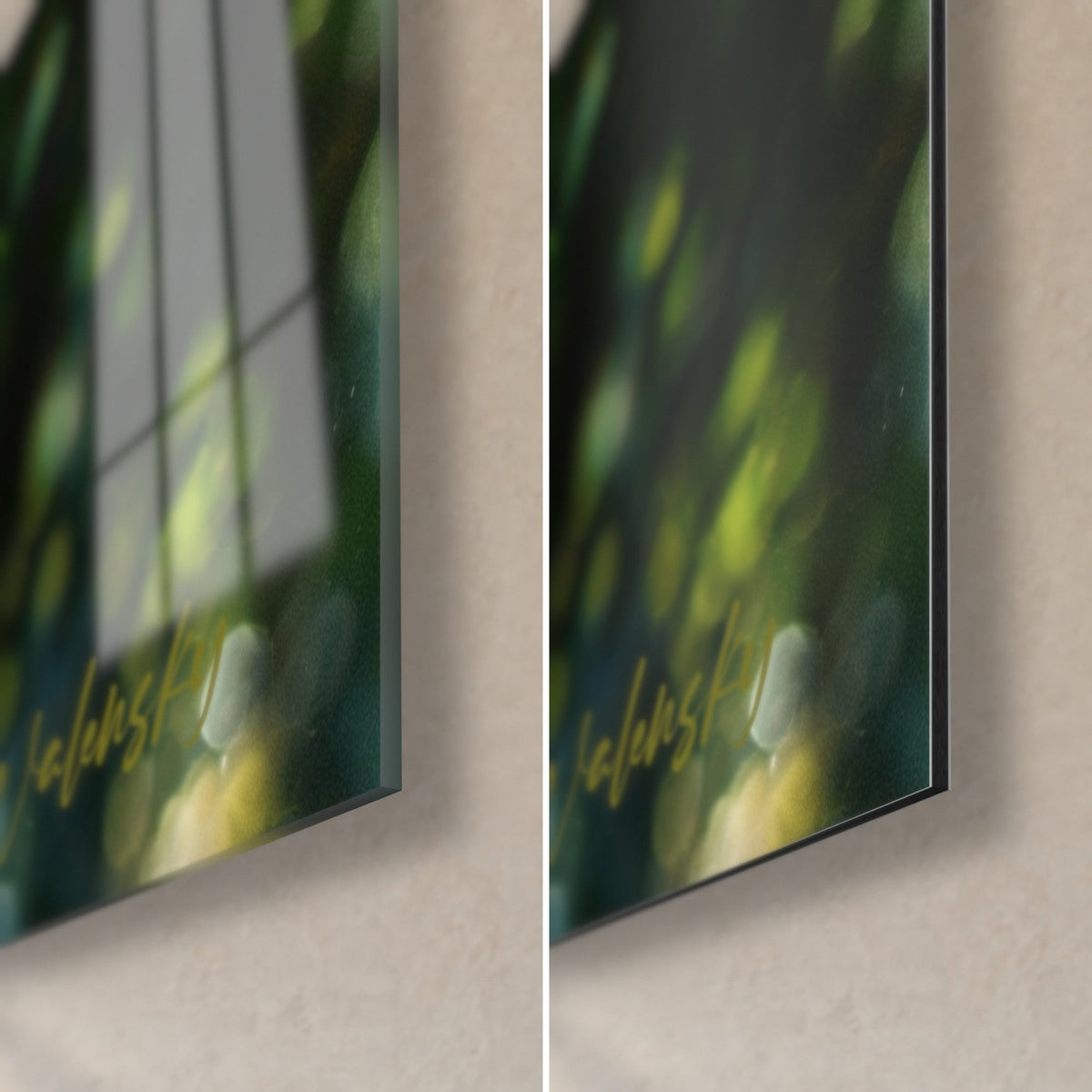 Wall art with wavy brown hair, lower right corner: glossy acrylic glass with deep green reflections and matte Dibond aluminium, 3 mm edge visible